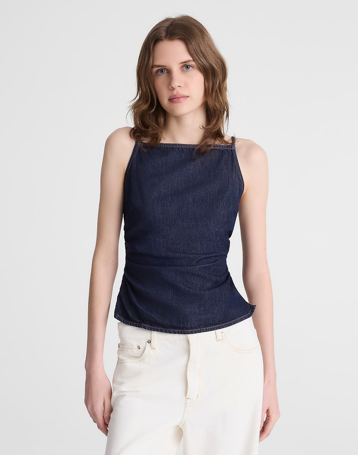 Airy Denim Ruched Squareneck Tank in Rinse Wash