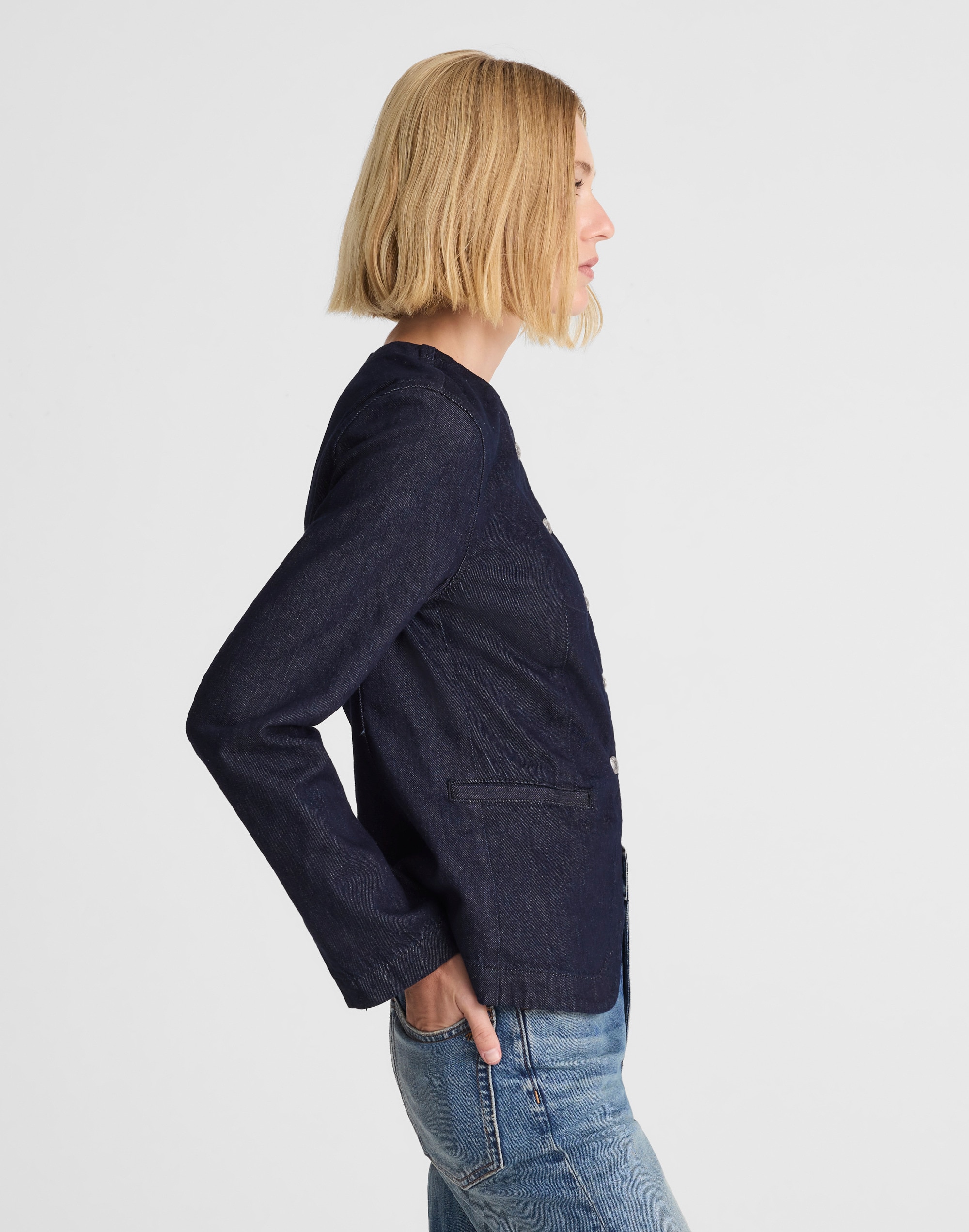 Denim Collarless Jacket in Rinse Wash