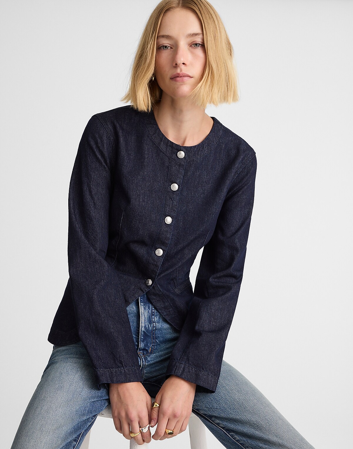 Denim Collarless Jacket in Rinse Wash