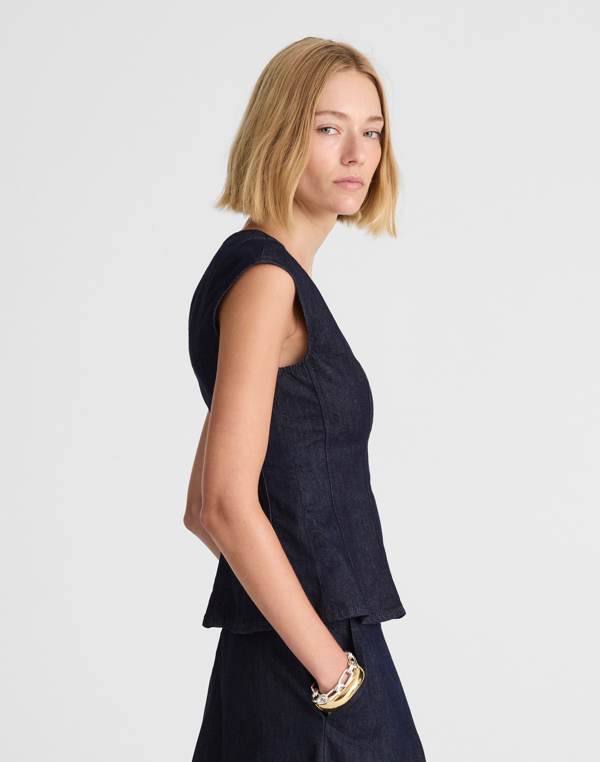 Denim Seamed Scoopneck Top Rinse Wash