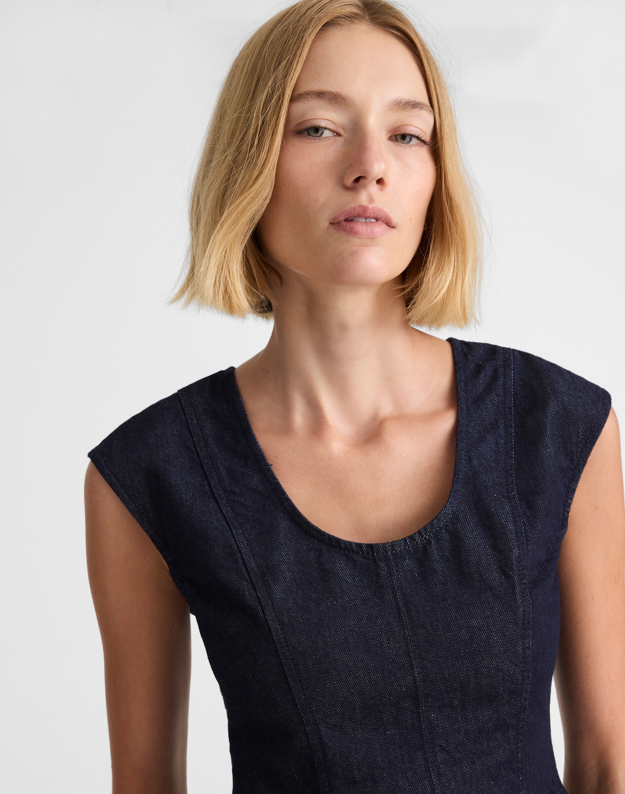 Denim Seamed Scoopneck Top Rinse Wash
