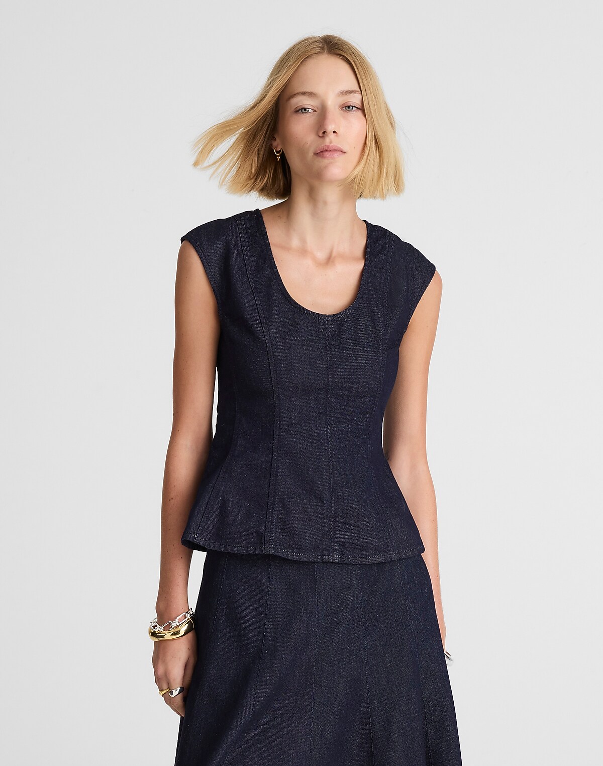 Denim Seamed Scoopneck Top in Rinse Wash