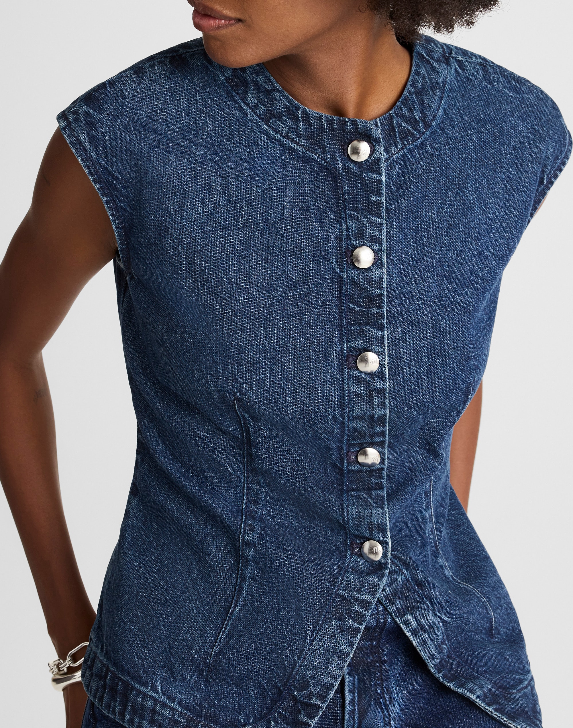 Denim Cap-Sleeve Vest in McKinney Wash