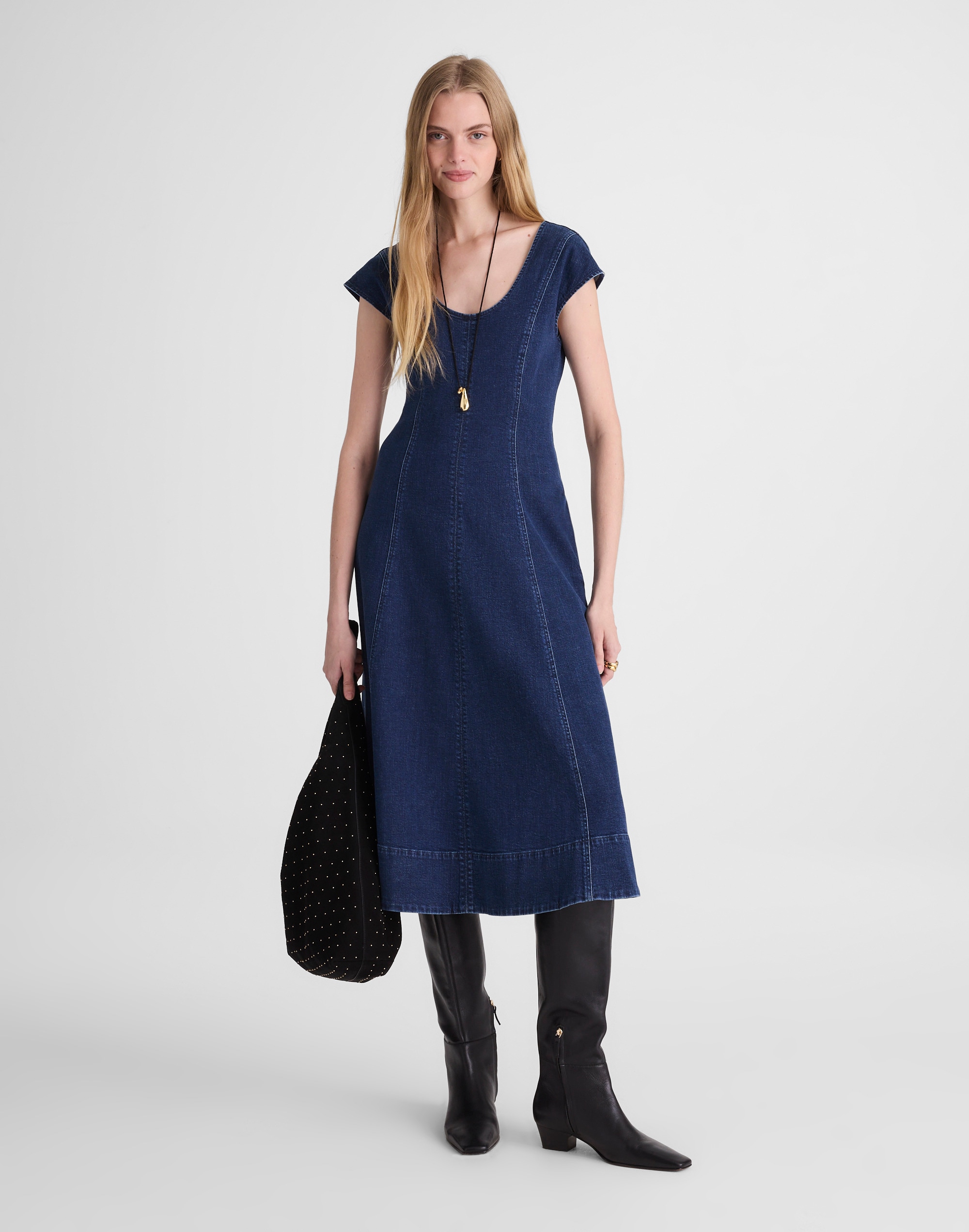 Denim Seamed Scoopneck Midi Dress
