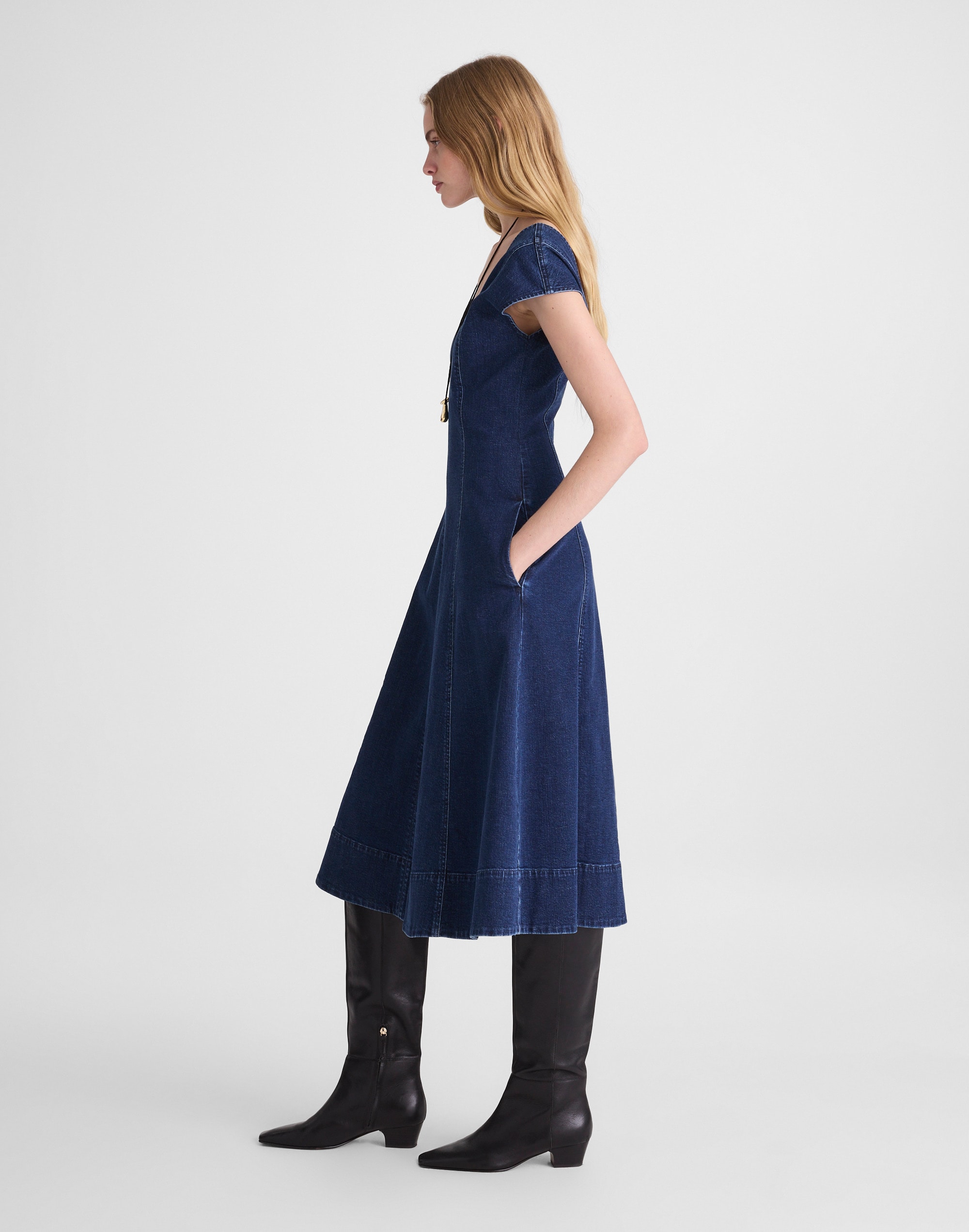 Denim Seamed Scoopneck Midi Dress