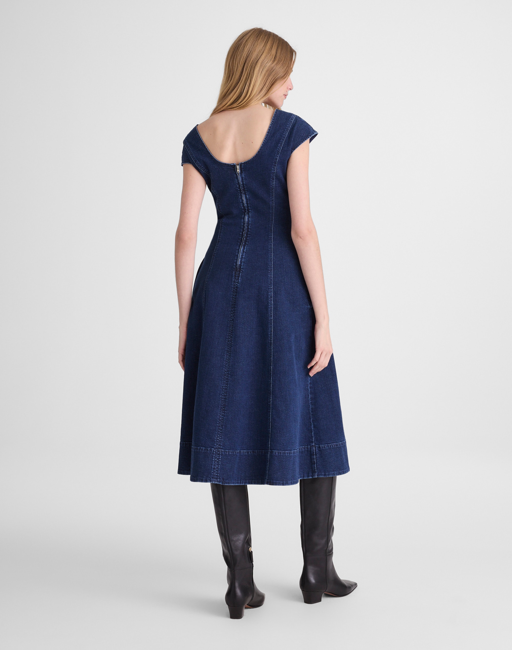 Denim Seamed Scoopneck Midi Dress