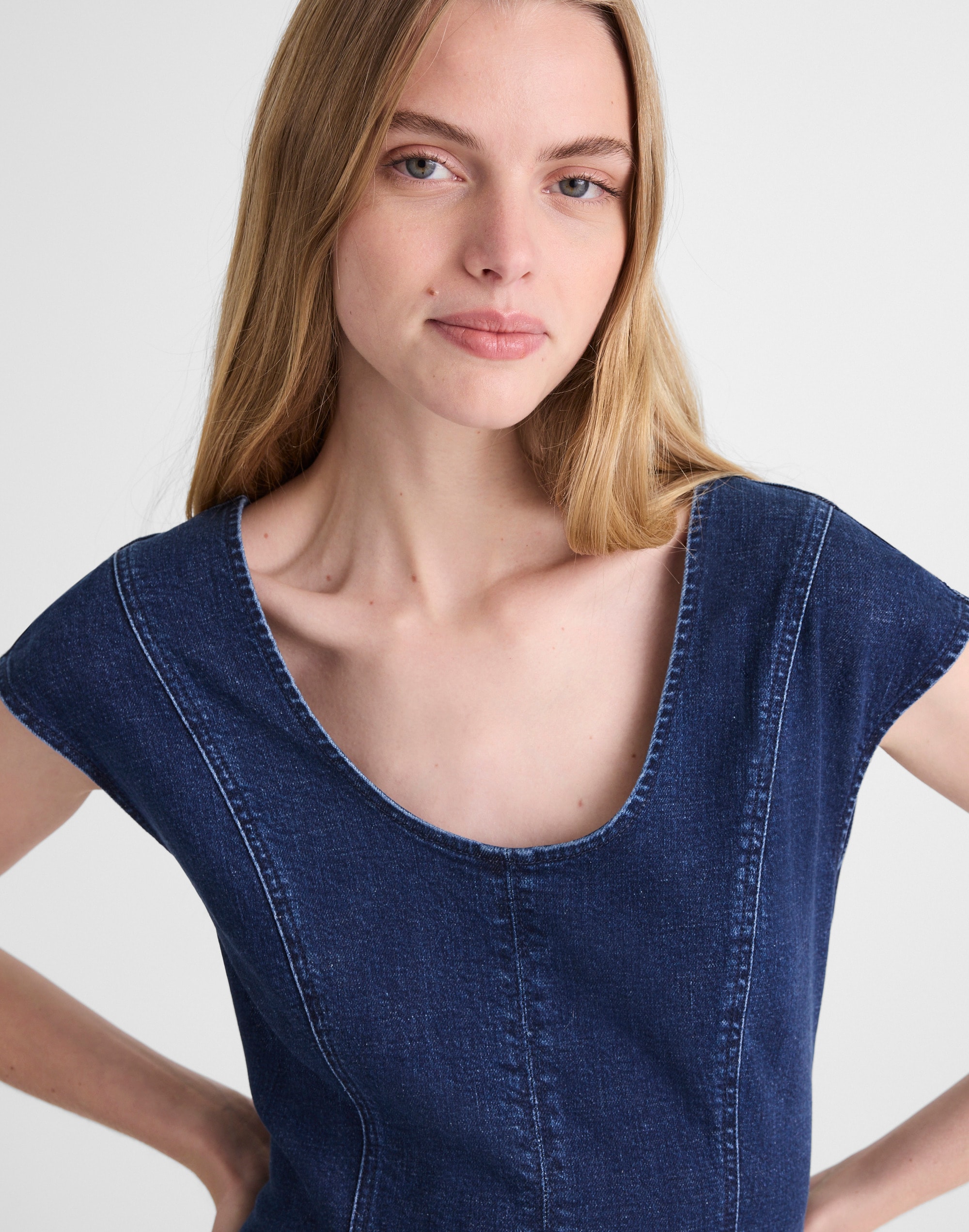 Denim Seamed Scoopneck Midi Dress