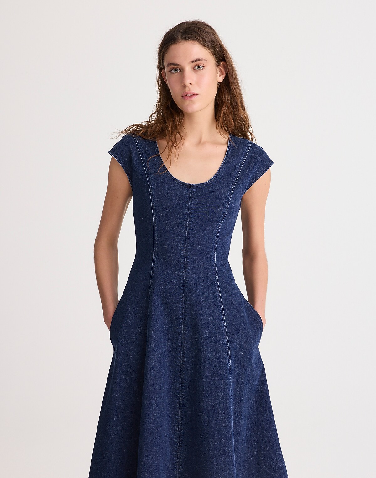 Denim Seamed Scoopneck Midi Dress