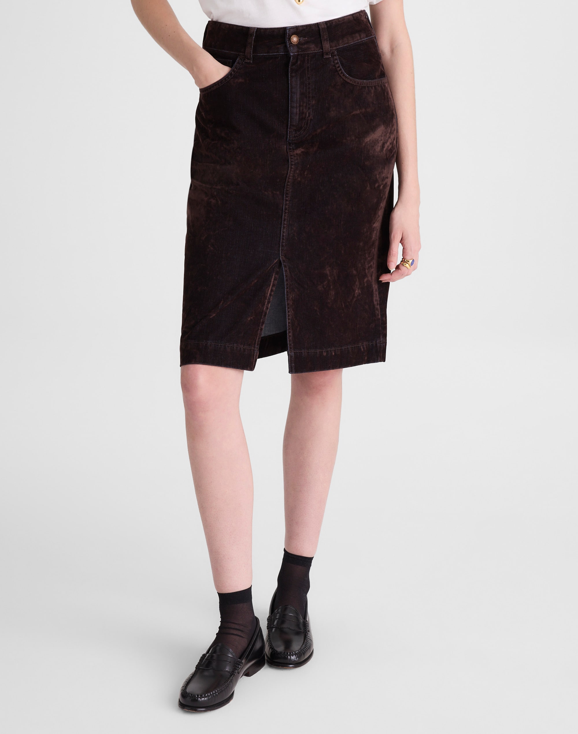 Madewell Flocked Denim Midi Skirt In Brown