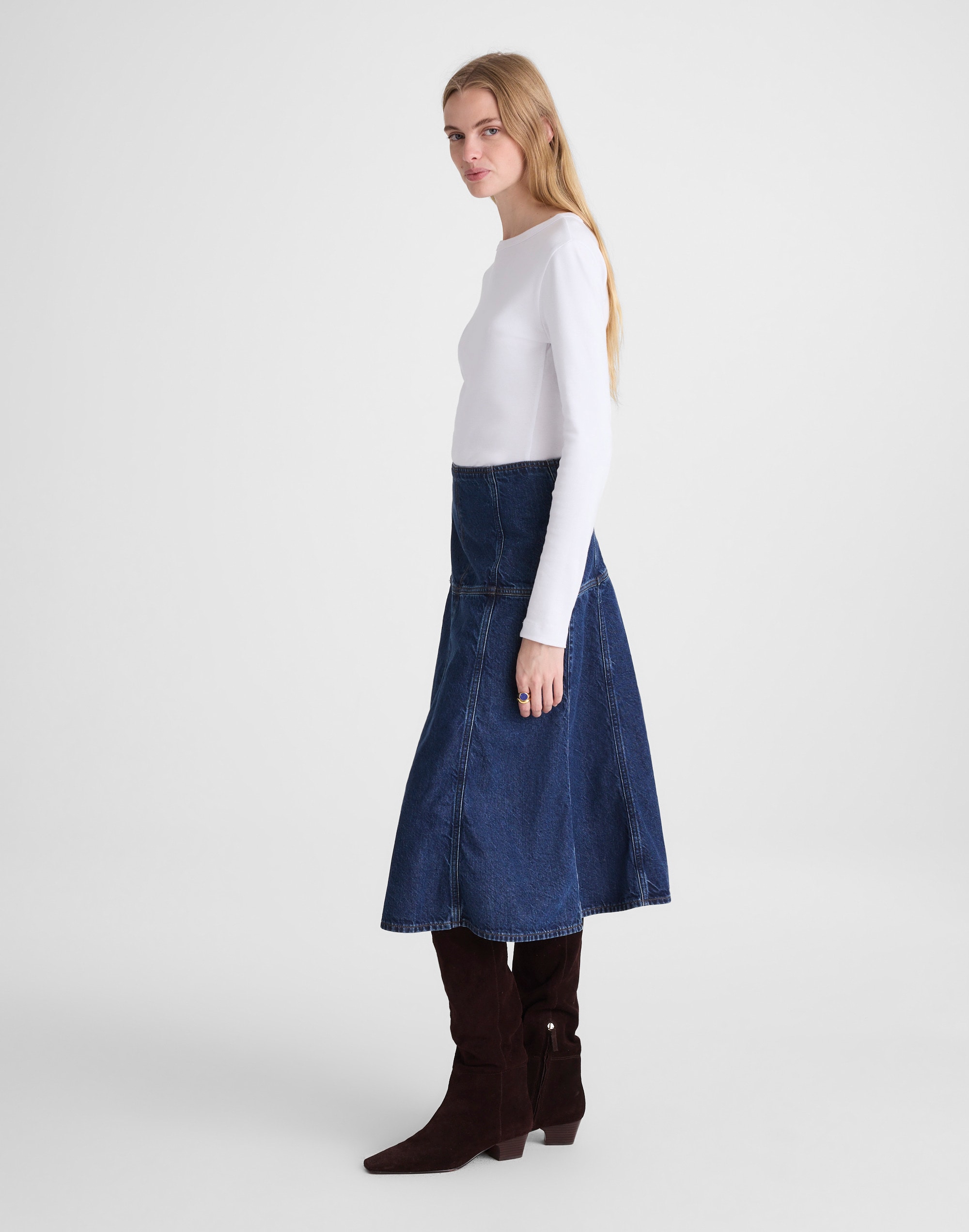 Denim Drop-Waist Midi Skirt McKinney Wash