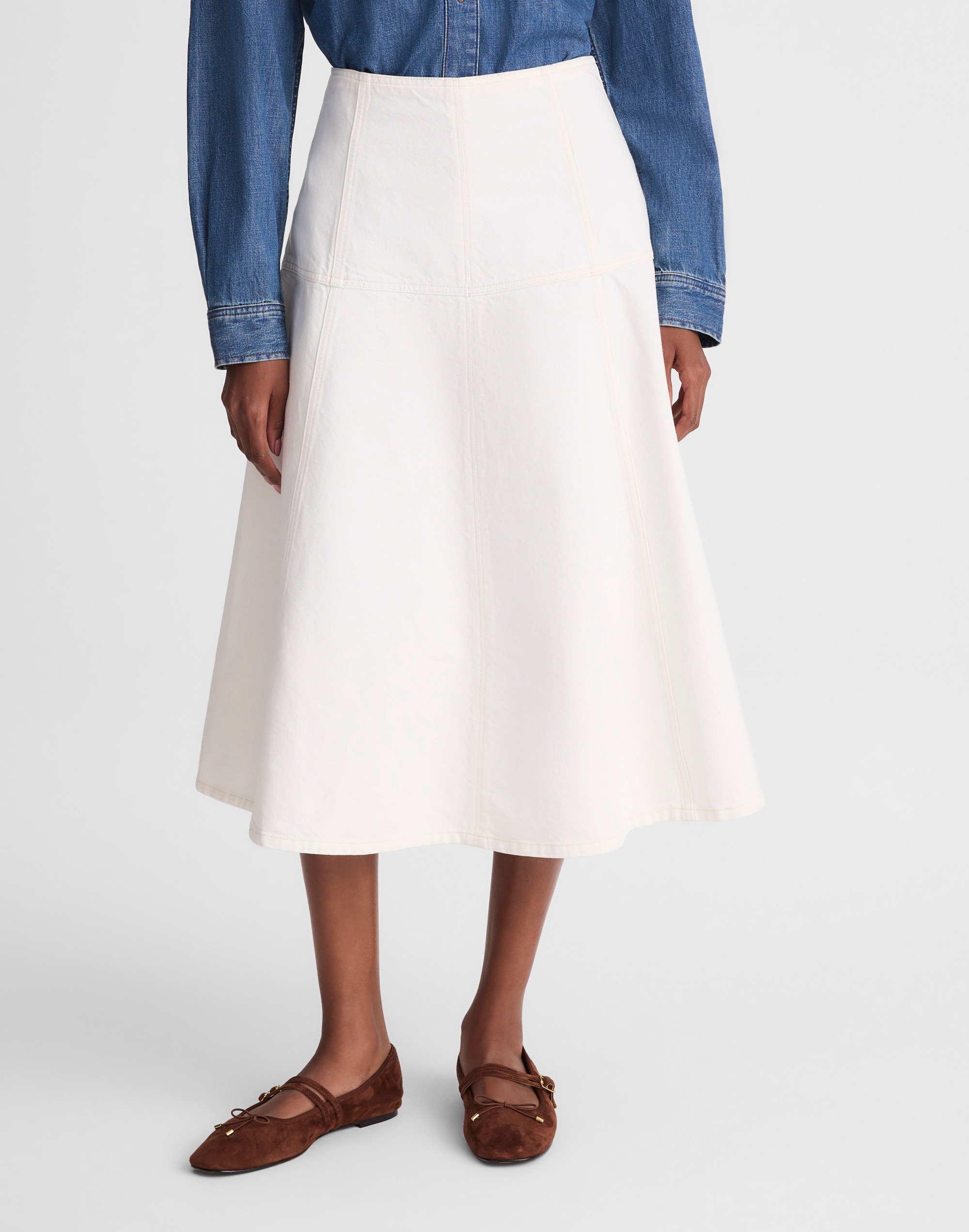 Denim Drop-Waist Midi Skirt