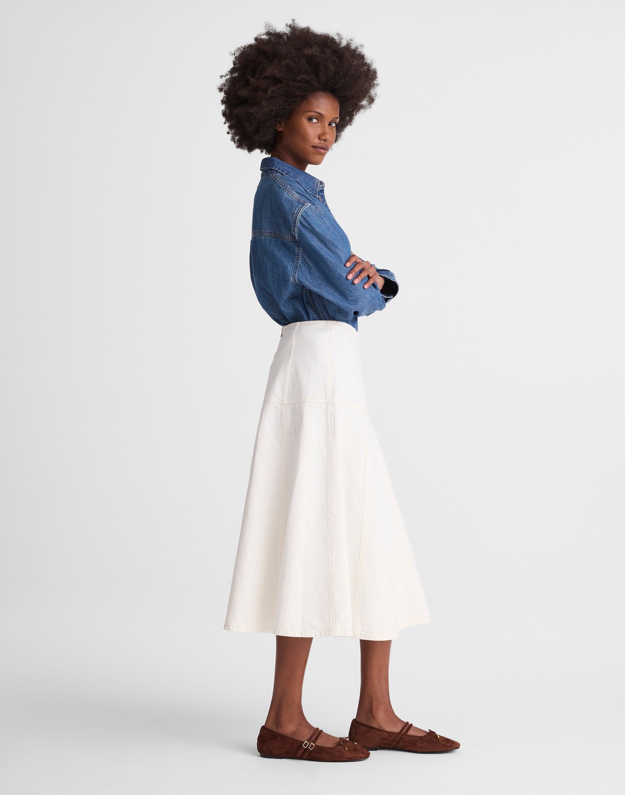 Denim Drop-Waist Midi Skirt