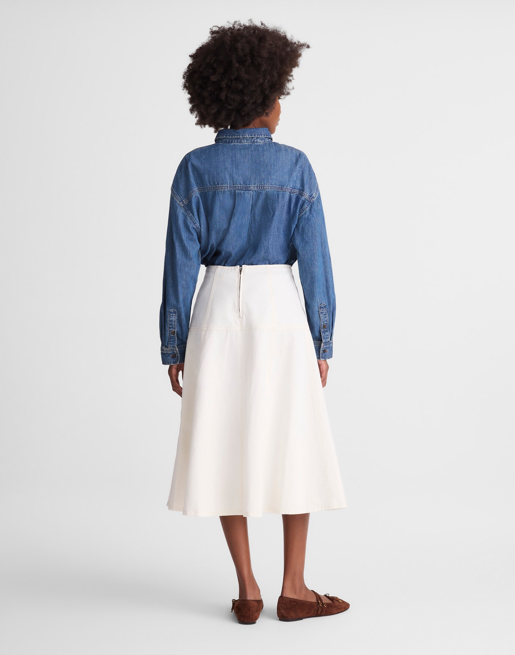 Denim Drop-Waist Midi Skirt