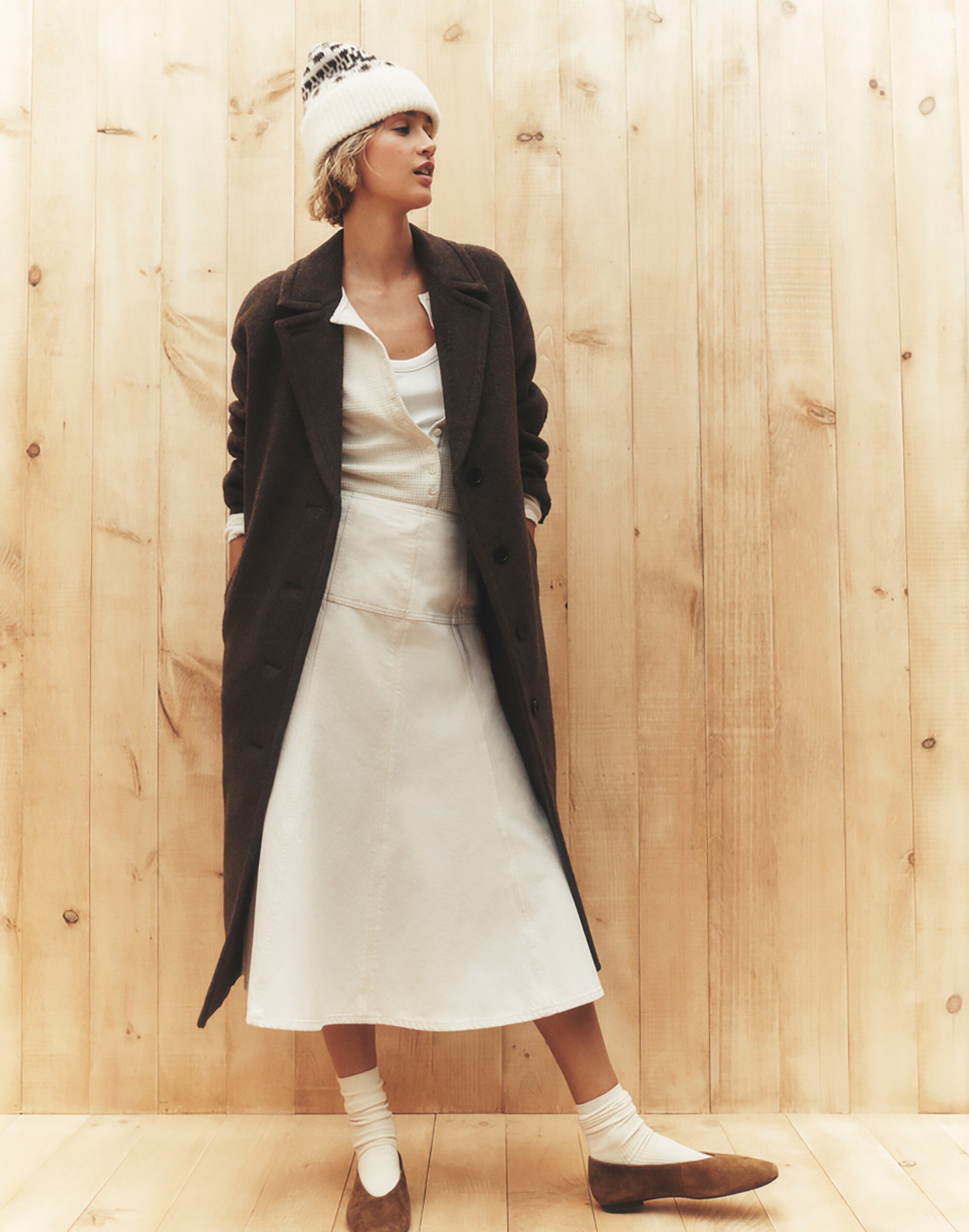 Denim Drop-Waist Midi Skirt