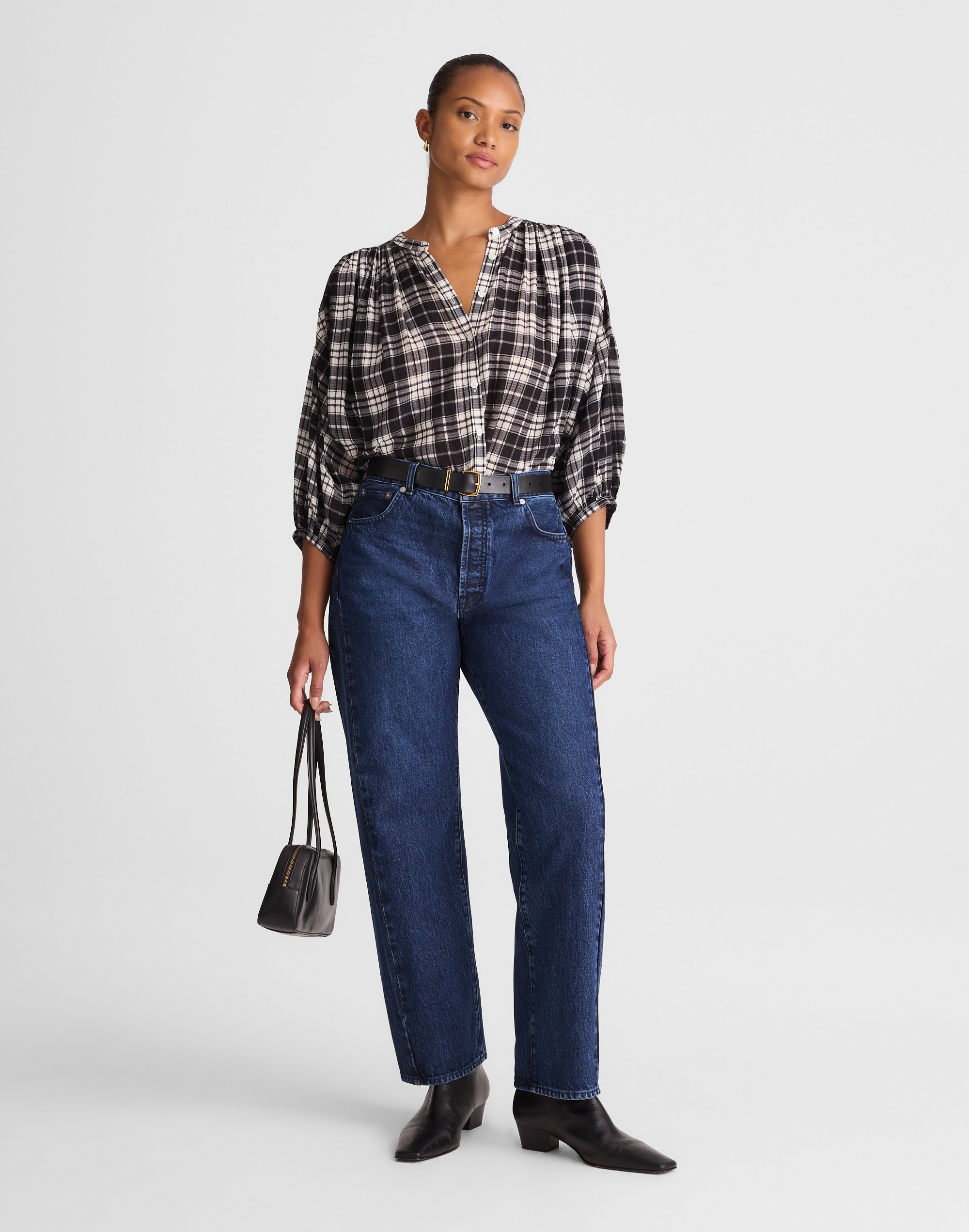 petite curvy pieced barrel-leg jeans in mckinney wash