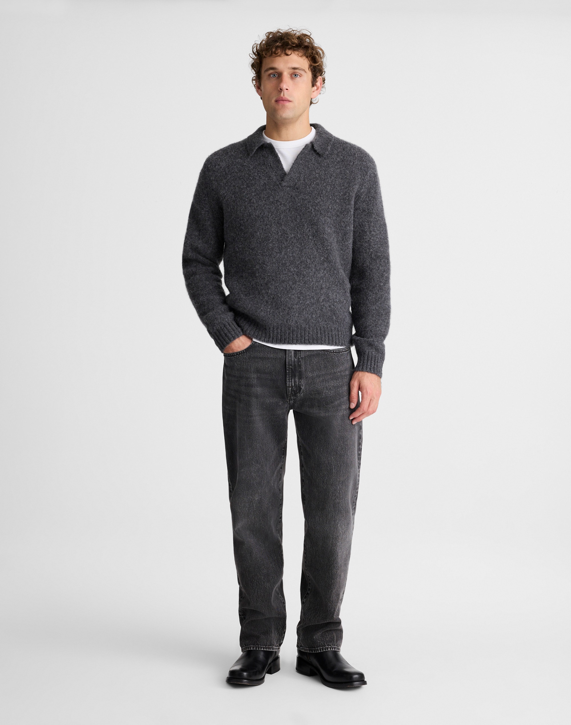 Open-Collar Sweater Polo in Yak-Alpaca Blend