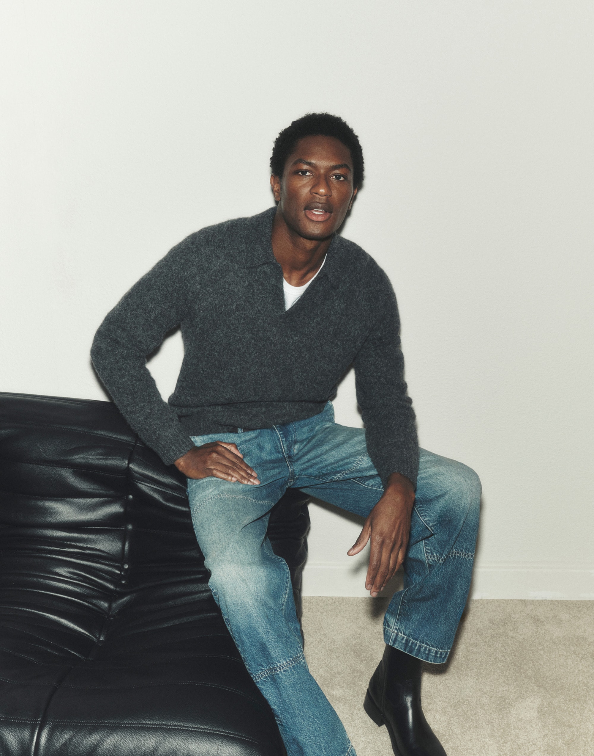 Open-Collar Sweater Polo in Yak-Alpaca Blend