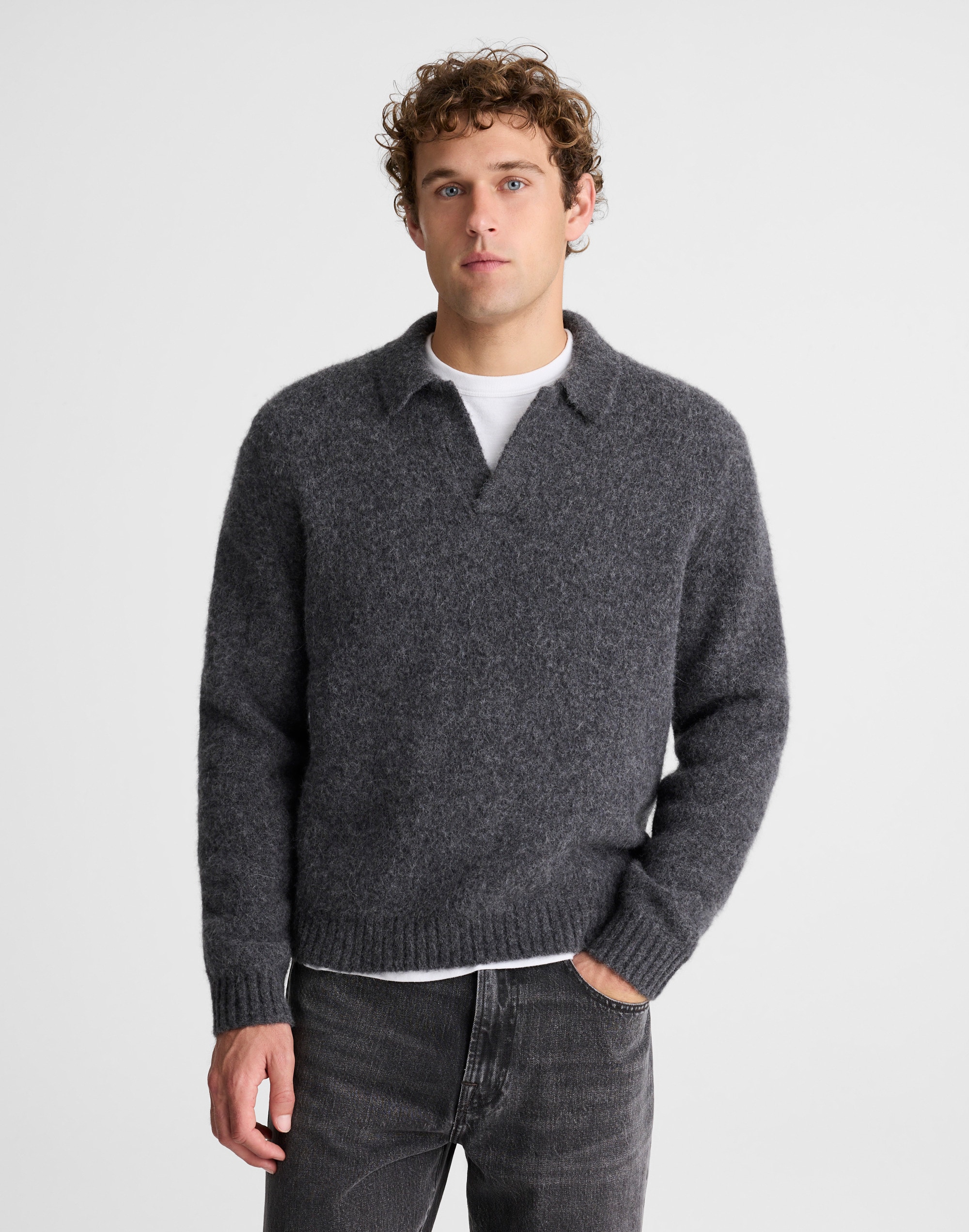 Open-Collar Sweater Polo in Yak-Alpaca Blend