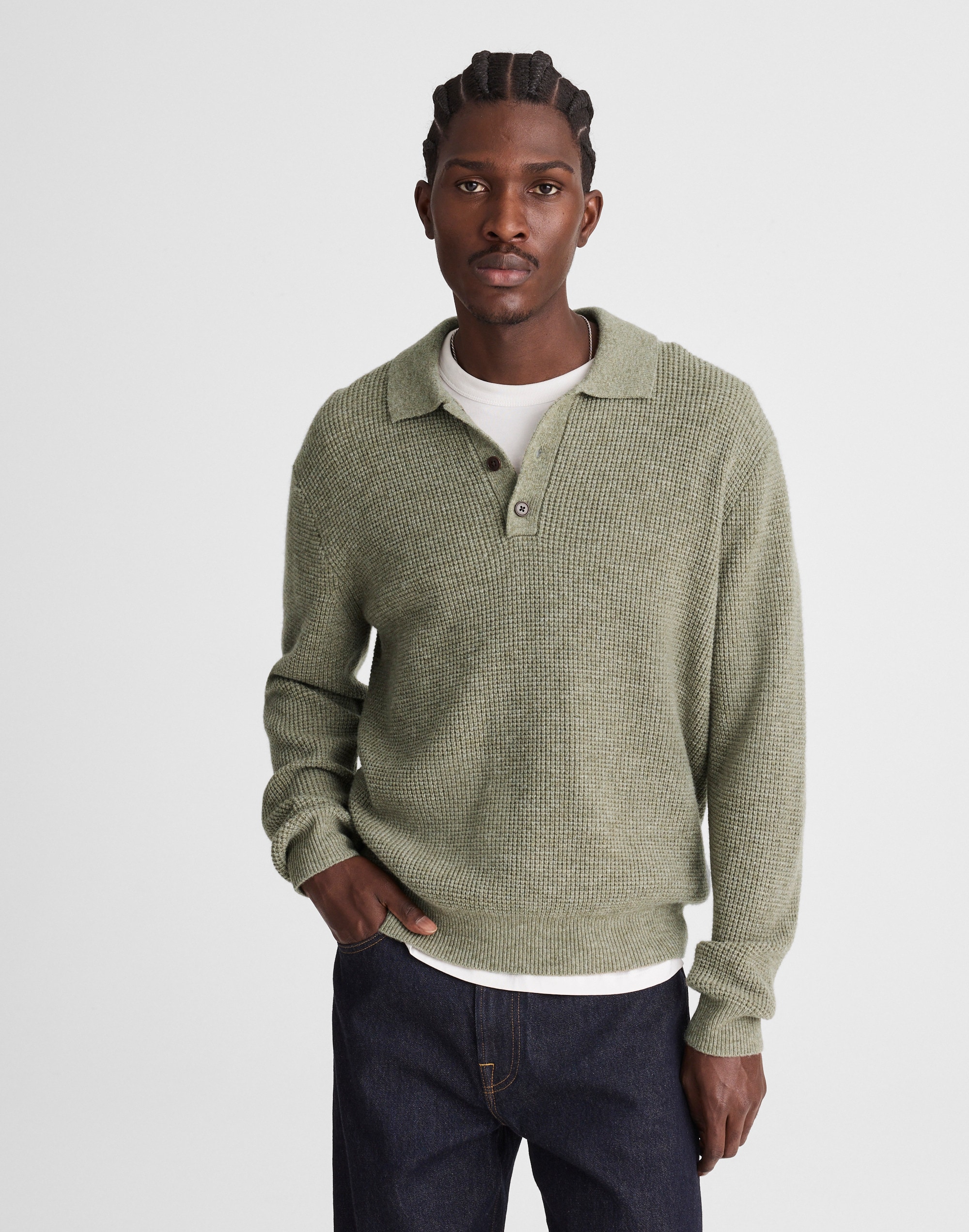 Madewell Waffle-knit Sweater Polo In Green