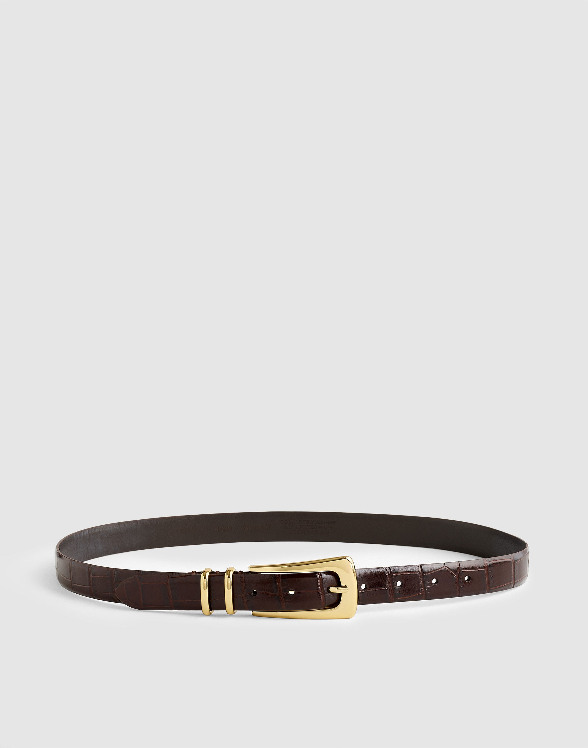 elongated-buckle belt in croc-stamped leather