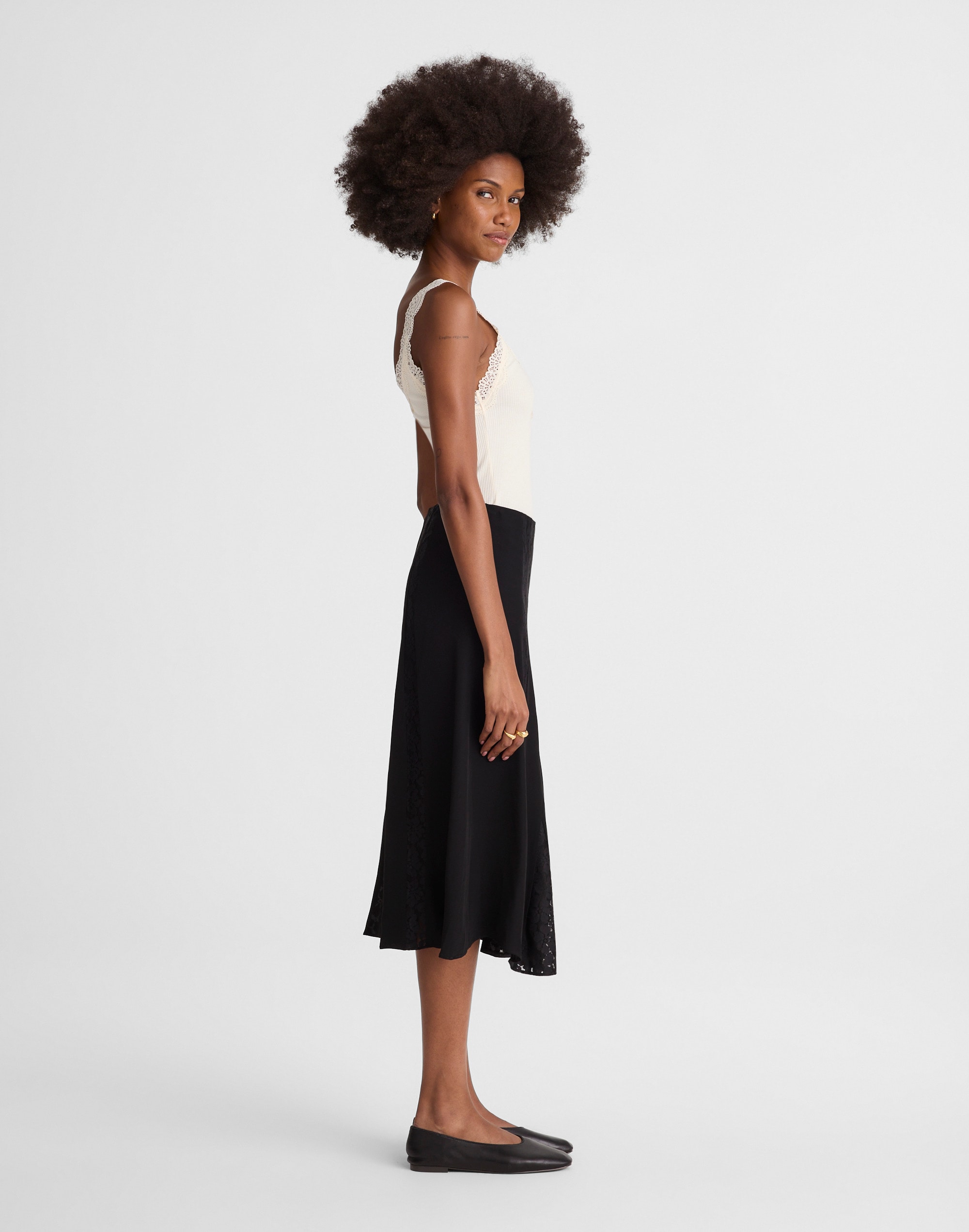 Asymmetric Lace Panel Midi Skirt