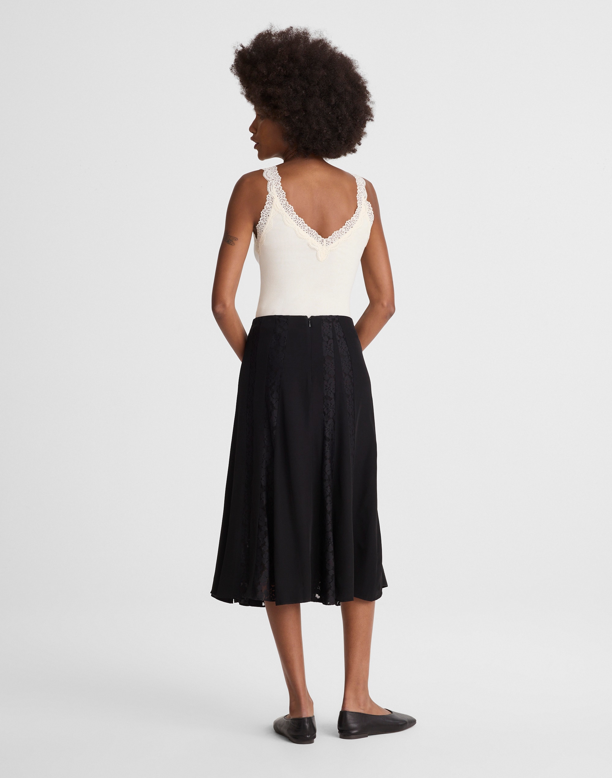 Asymmetric Lace Panel Midi Skirt