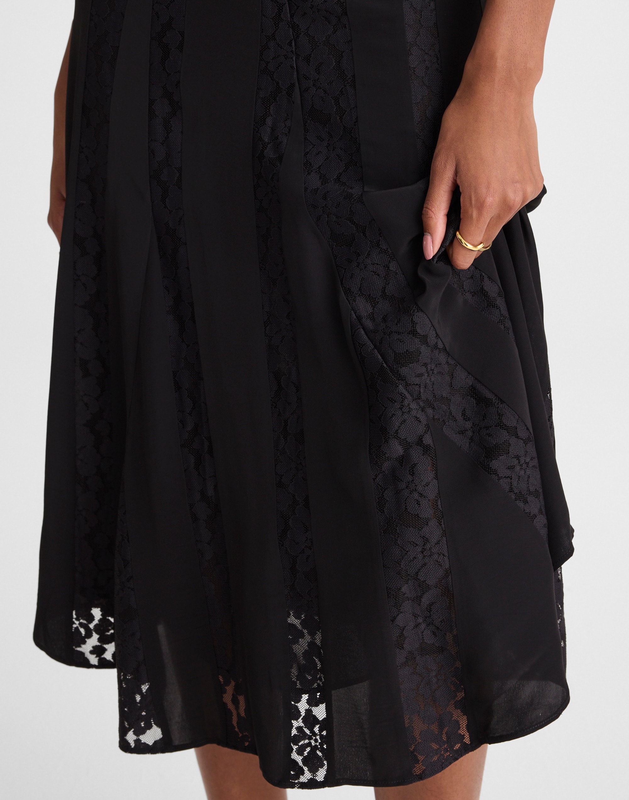 Asymmetric Lace Panel Midi Skirt