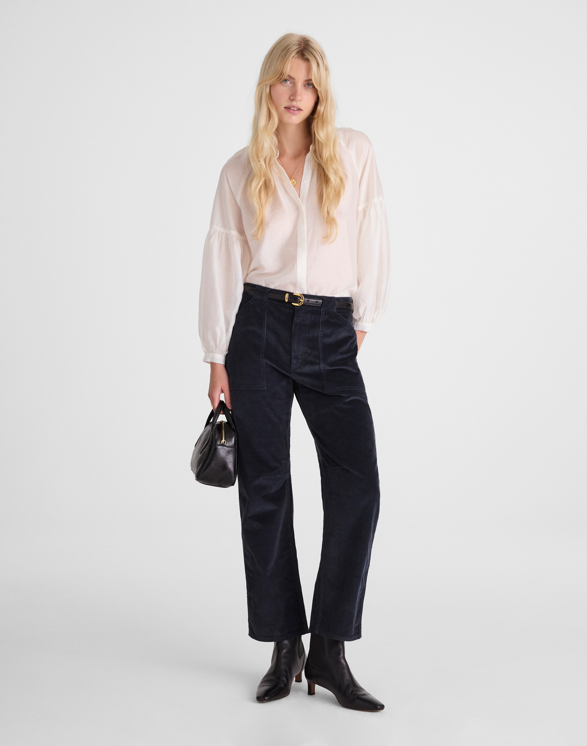 the darted barrel-leg utility pant in corduroy