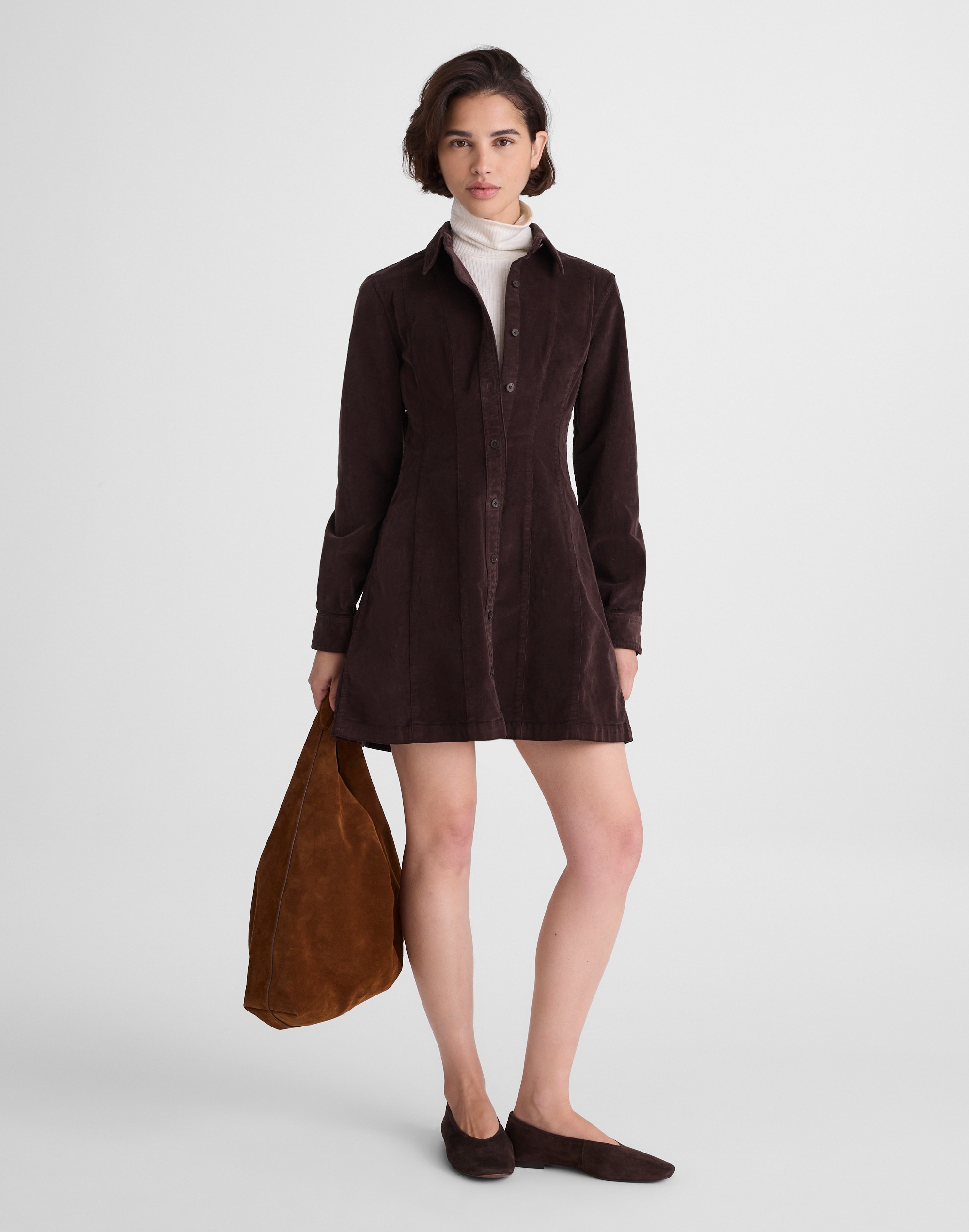 Seamed Button-Up Mini Dress Corduroy