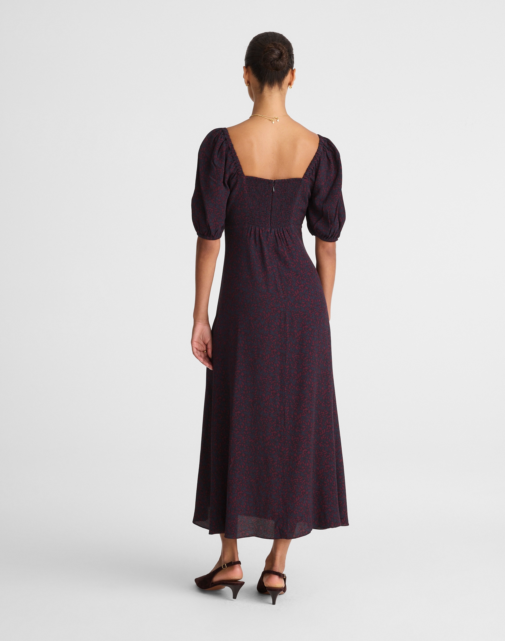 Puff-Sleeve Sweetheart Midi Dress