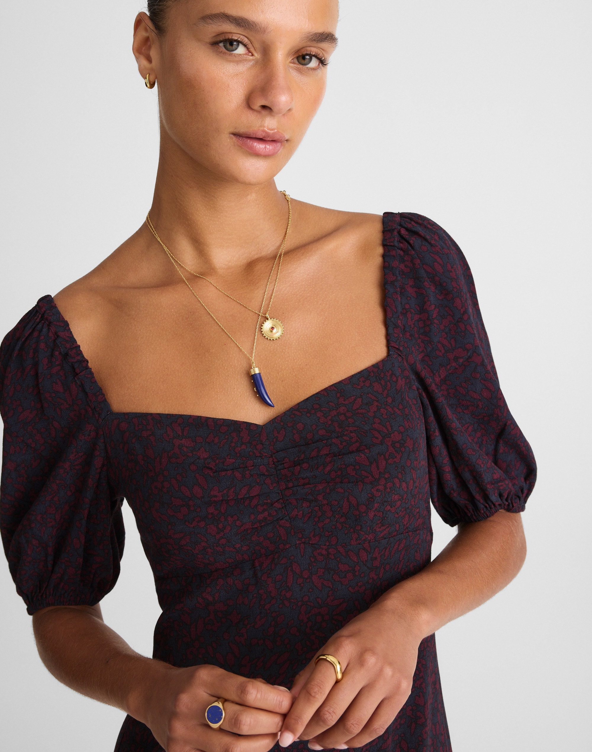 Puff-Sleeve Sweetheart Midi Dress