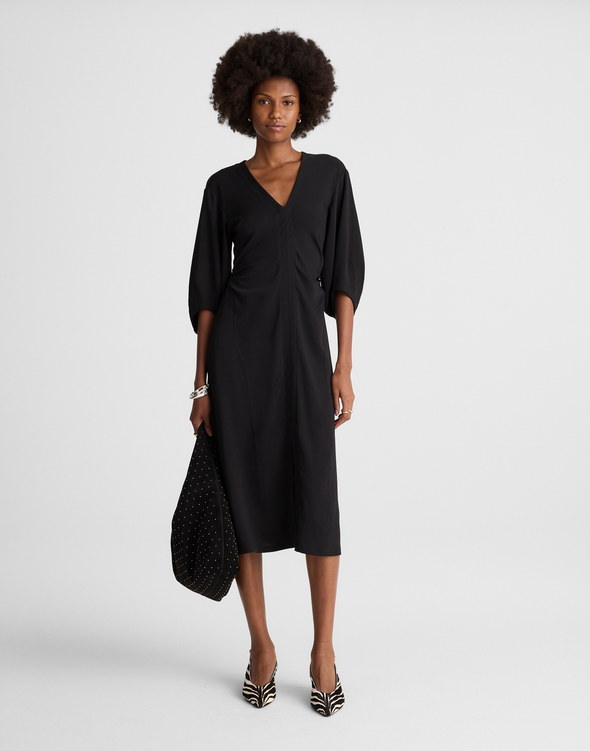 Madewell V-neck Ruched Midi Dress In Black