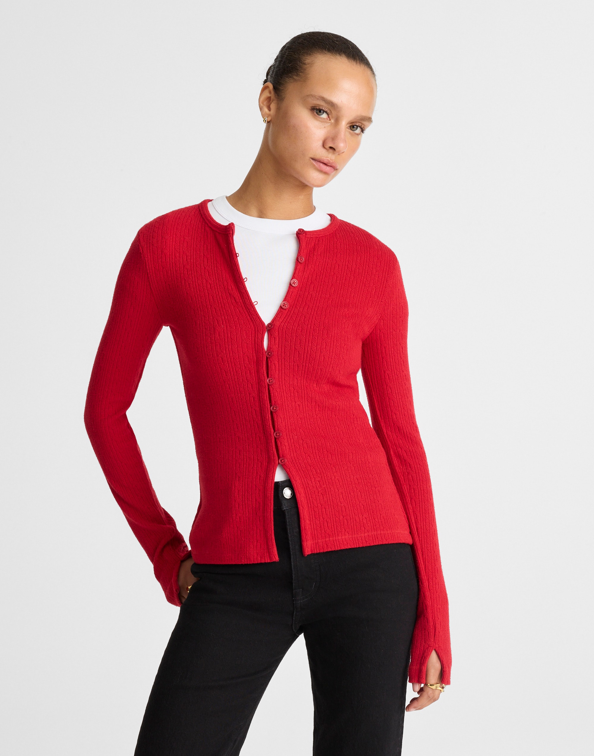 Madewell Pointelle Cutaway Cardigan In Red