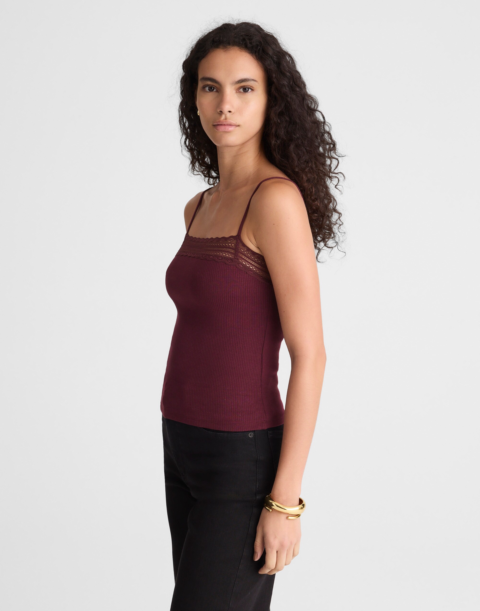 Madewell Lace-trim Square-neck Tank In Burgundy