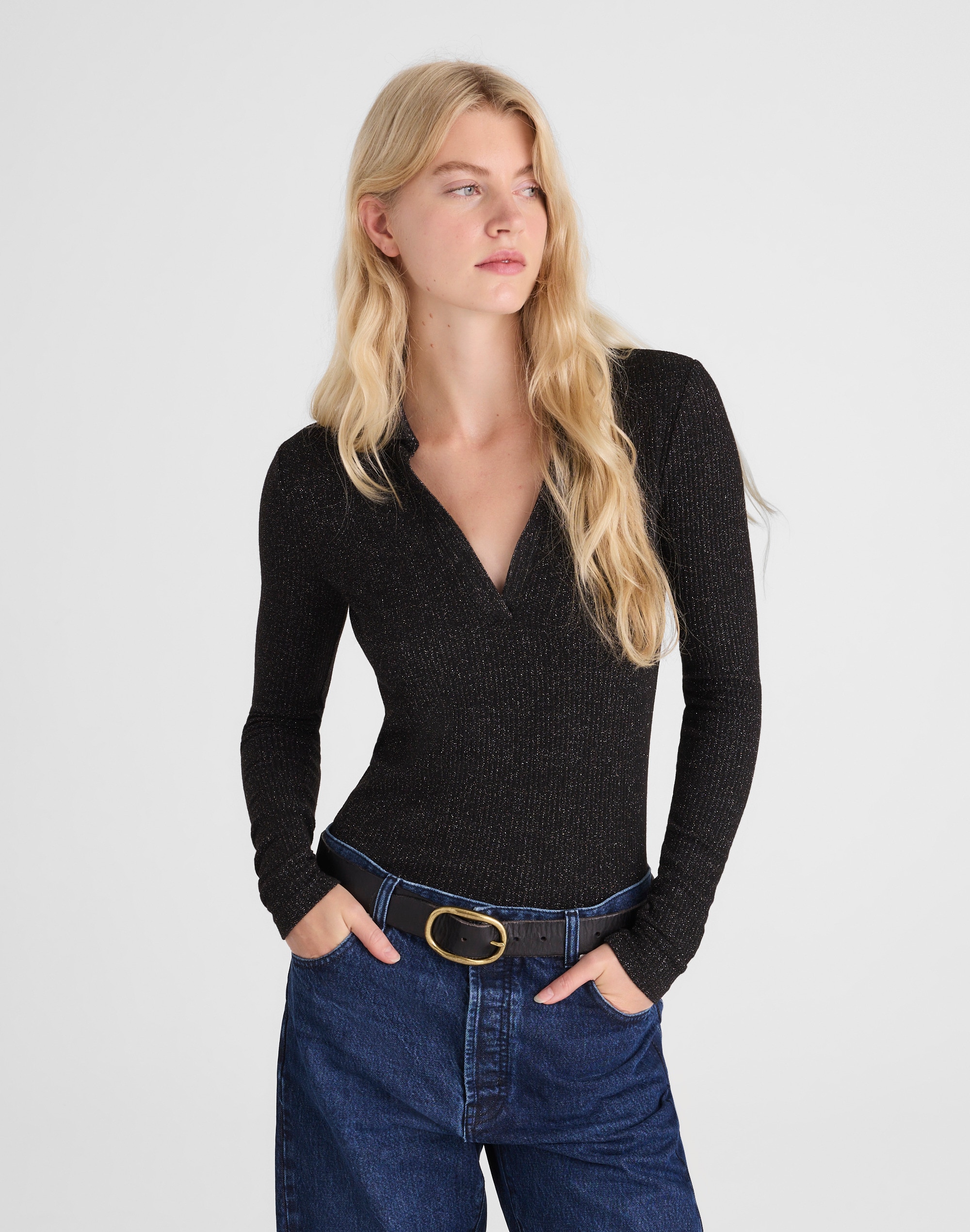 Madewell Sparkle Long-sleeve Polo Top In Black