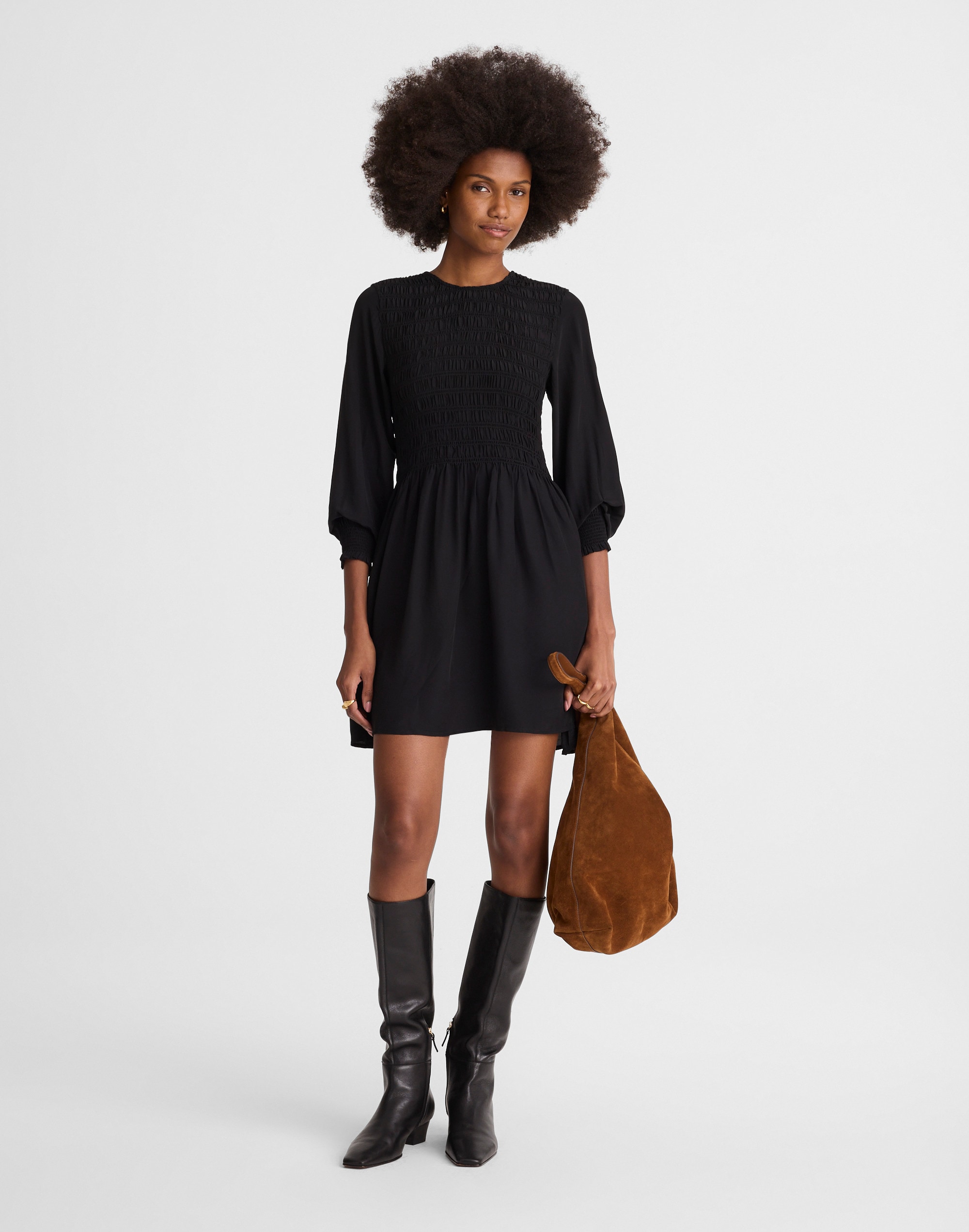 Madewell Long-sleeve Smocked Mini Dress In Black
