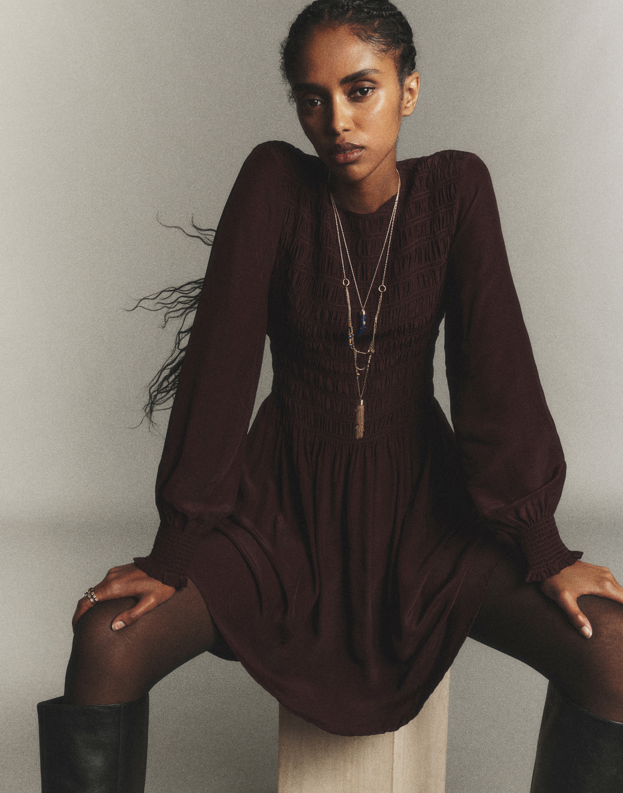 Long-Sleeve Smocked Mini Dress