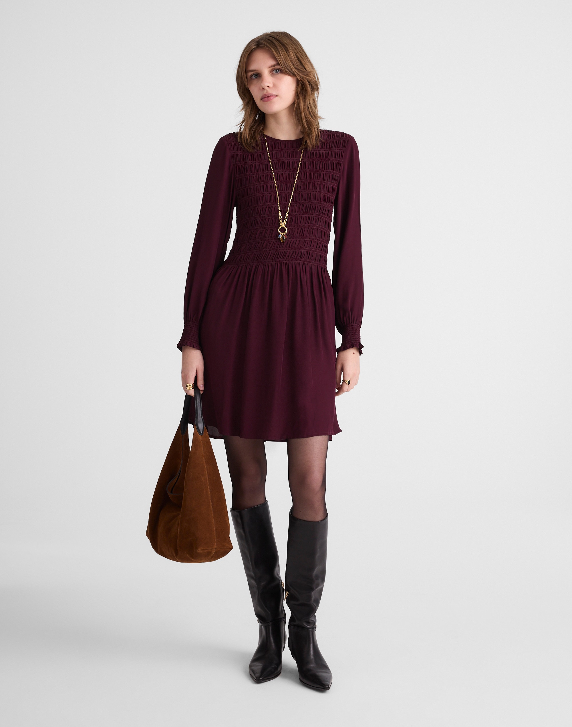 long-sleeve smocked mini dress