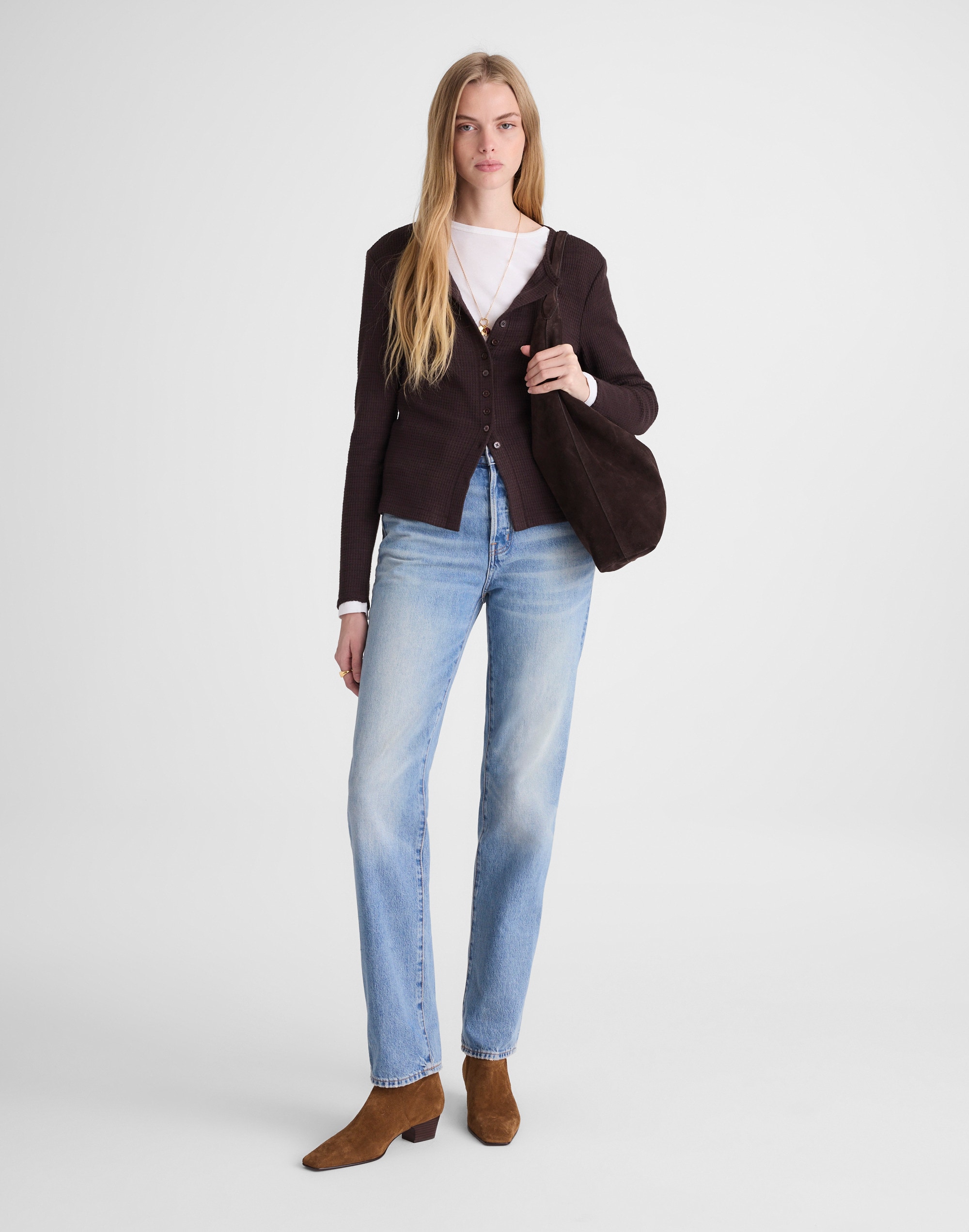 Madewell Waffle-knit Cutaway Crewneck Cardigan In Brown