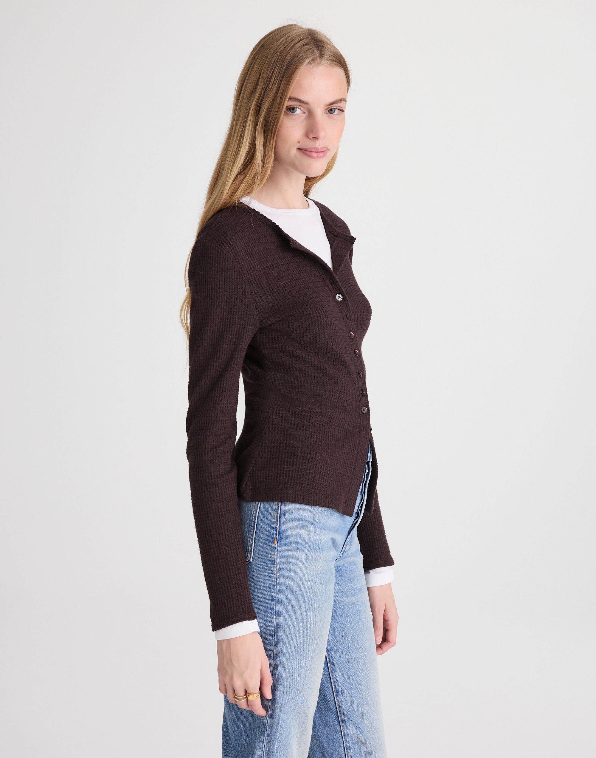 Waffle-Knit Cutaway Crewneck Cardigan