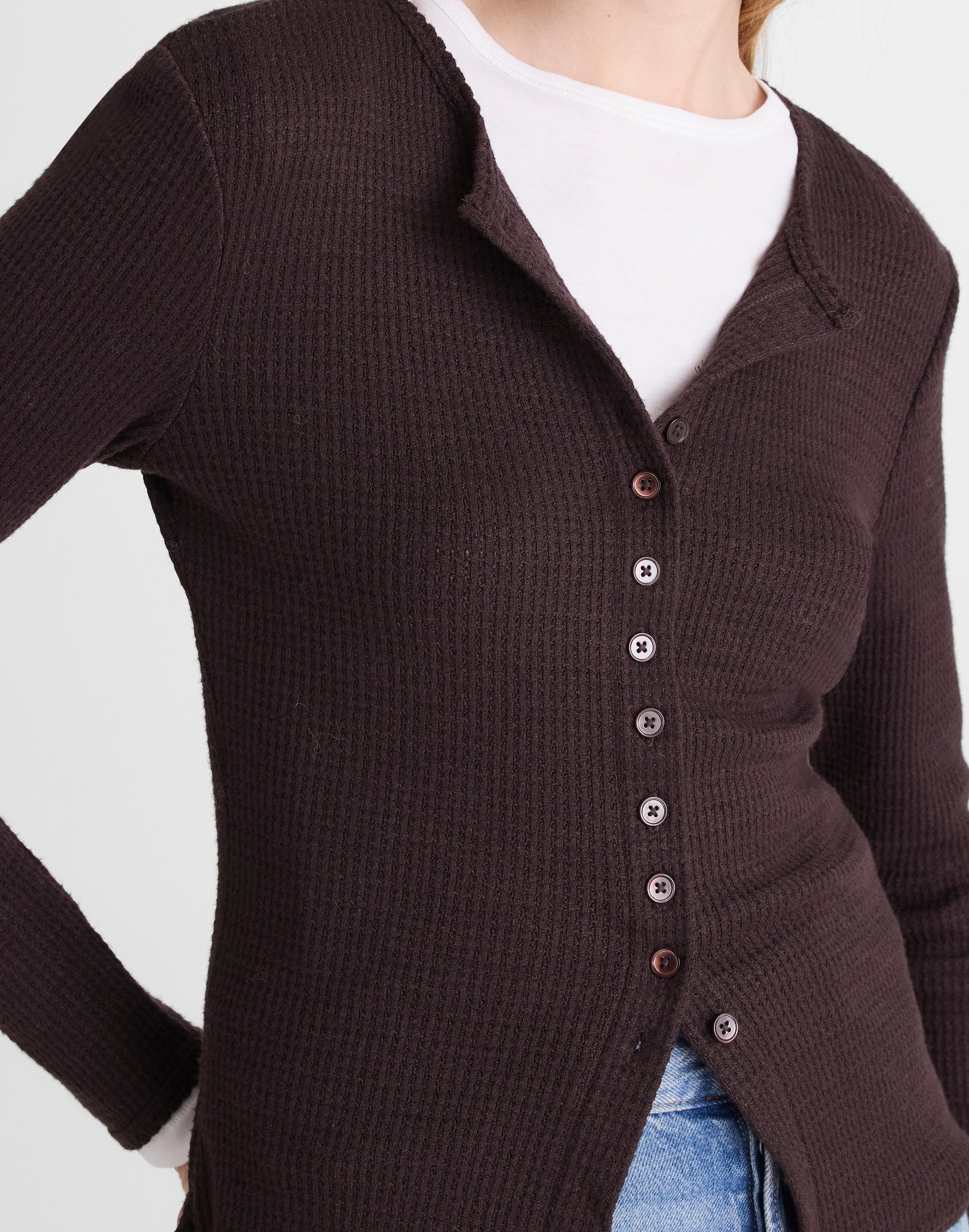 Waffle-Knit Cutaway Crewneck Cardigan