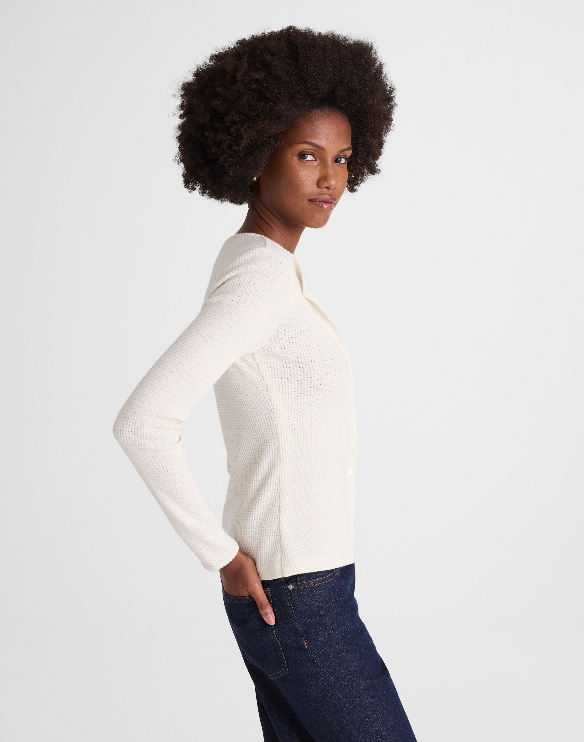 Waffle-Knit Cutaway Crewneck Cardigan