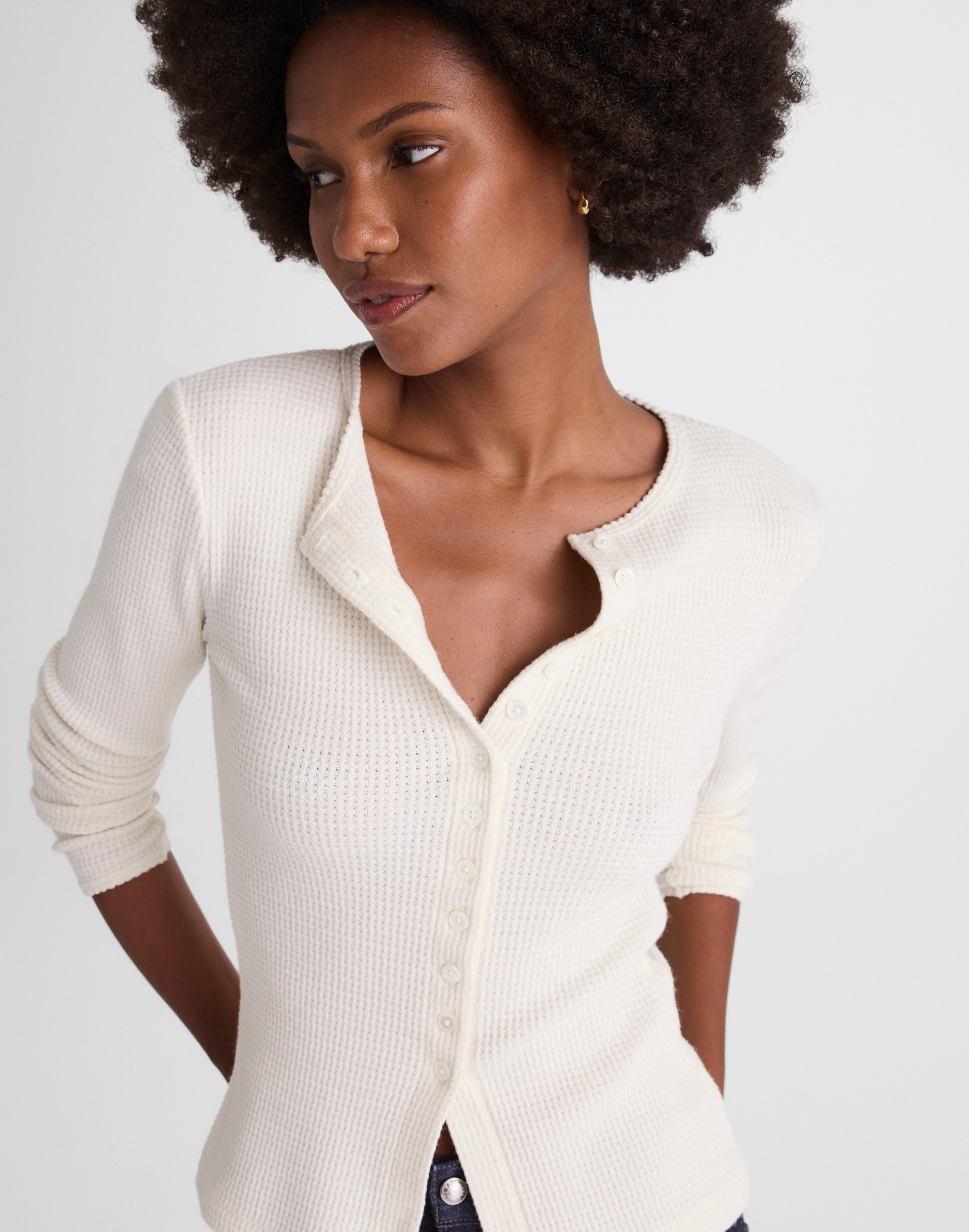 Waffle-Knit Cutaway Crewneck Cardigan