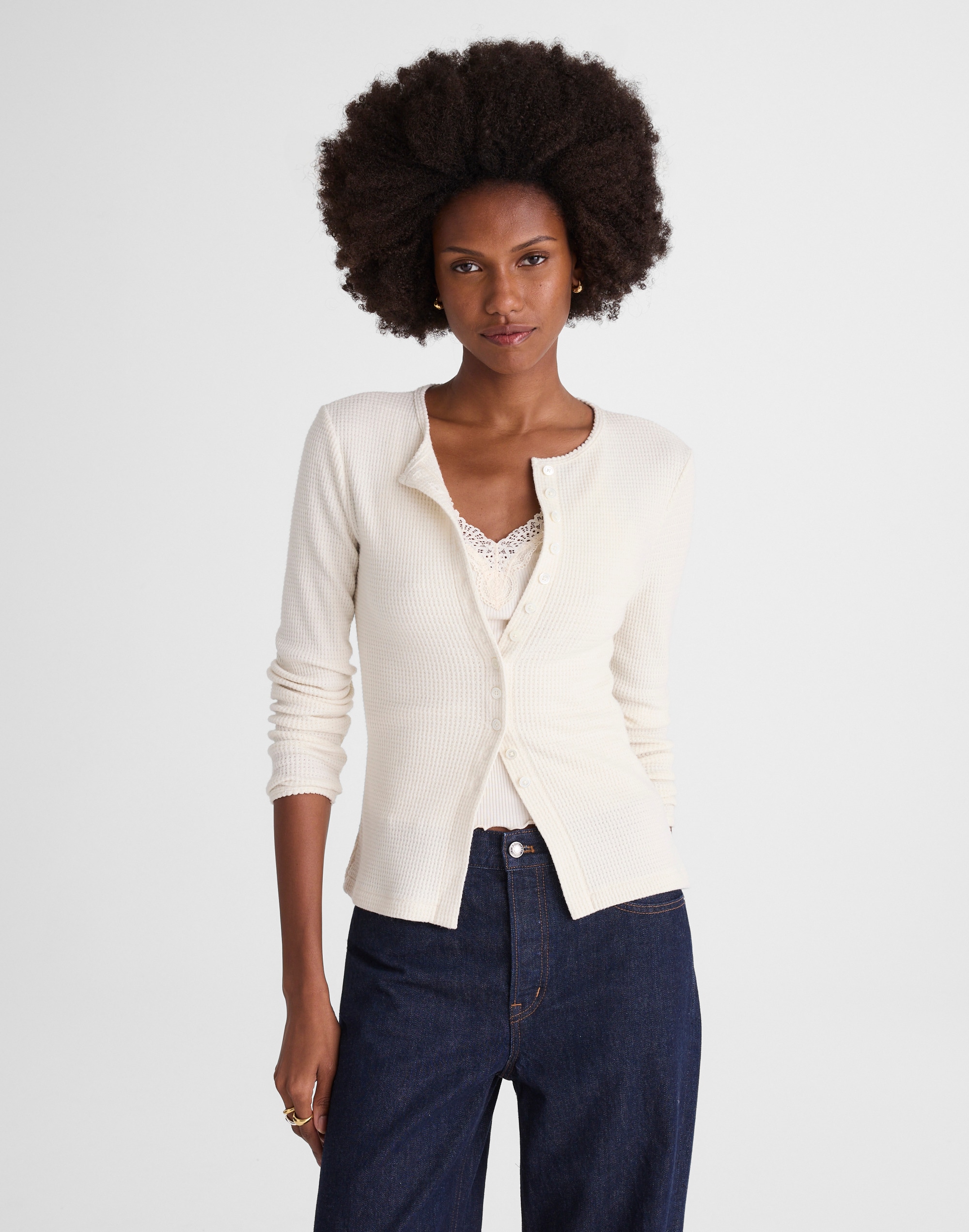 Madewell Waffle-knit Cutaway Crewneck Cardigan In White