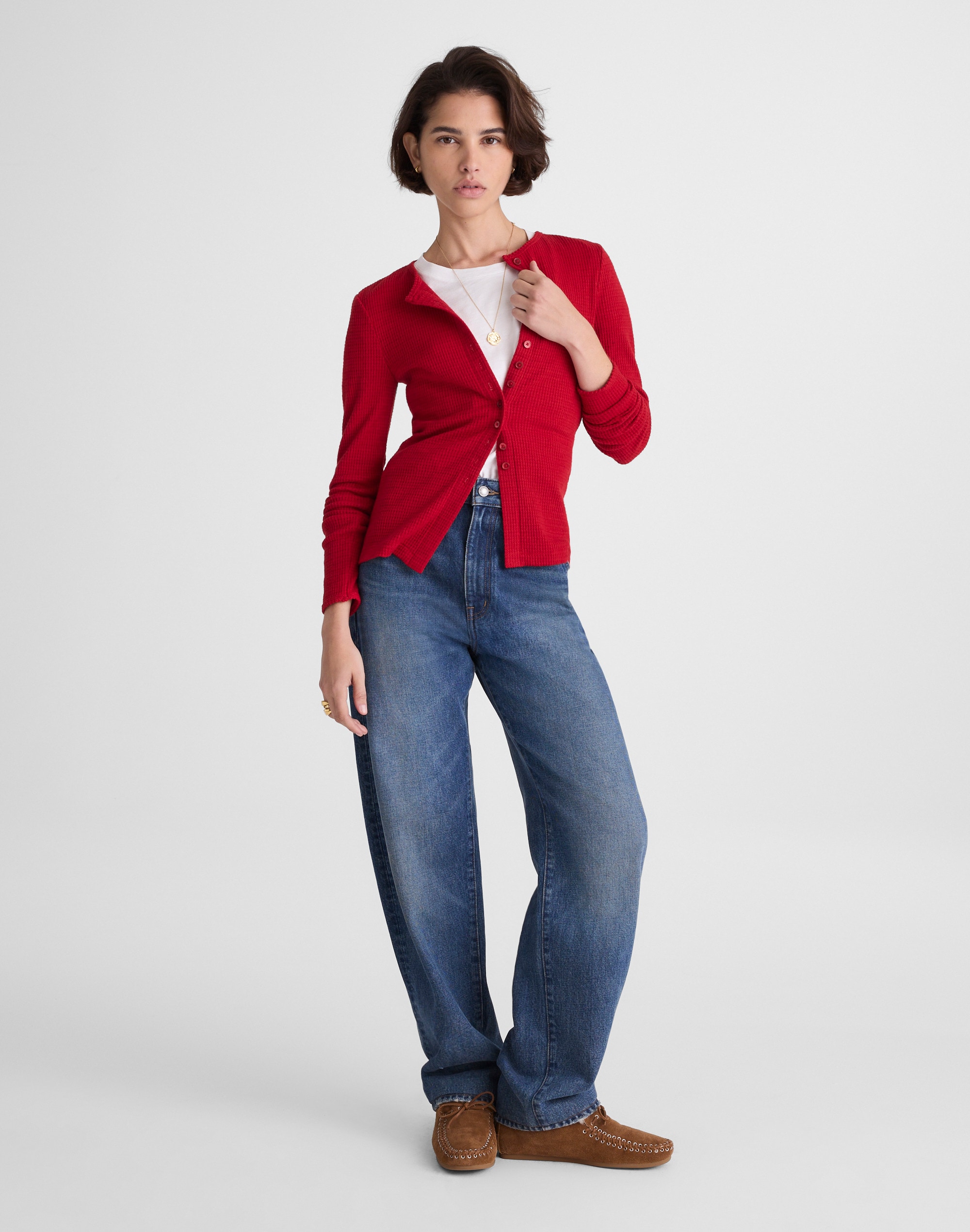 Waffle-Knit Cutaway Crewneck Cardigan