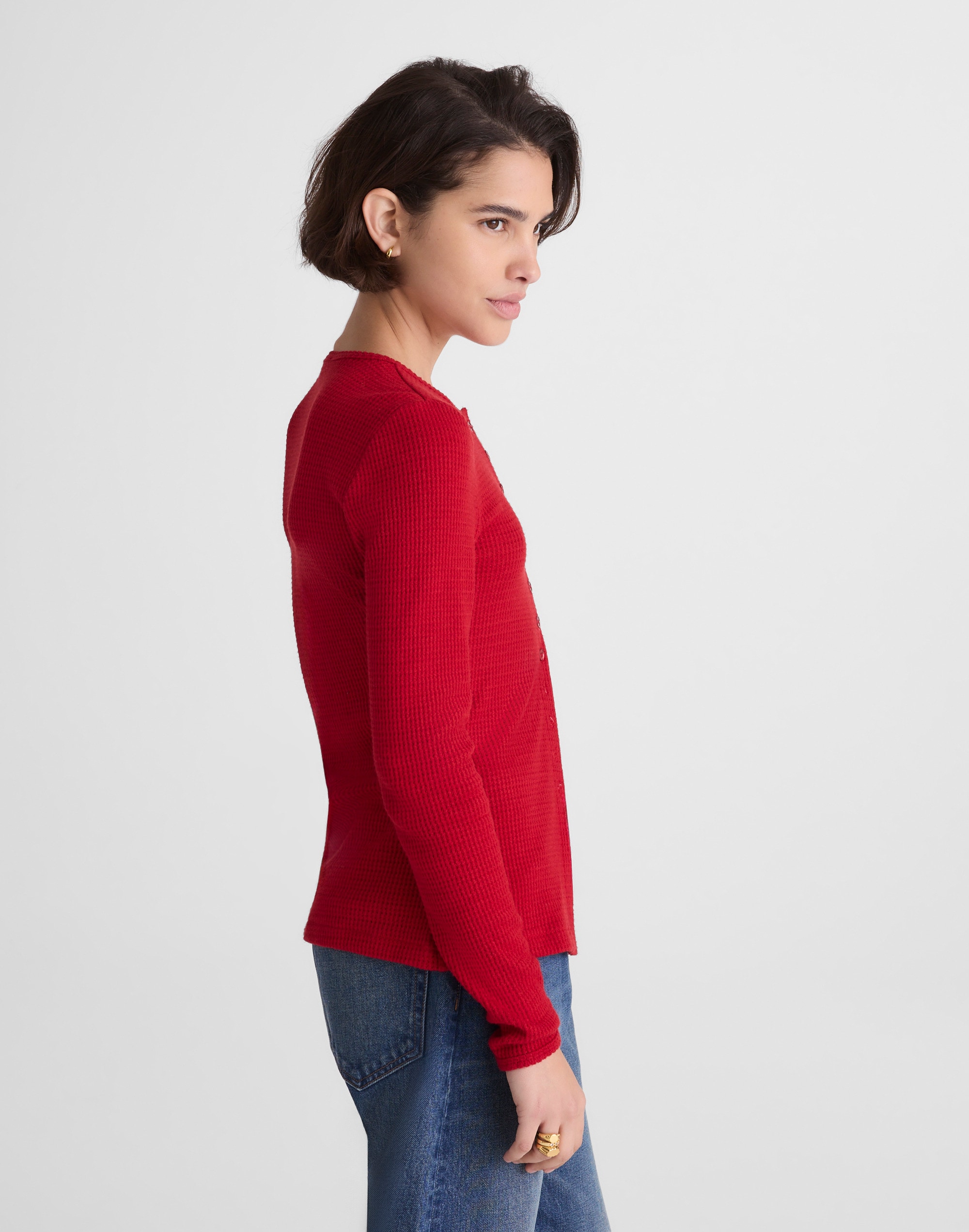 Waffle-Knit Cutaway Crewneck Cardigan