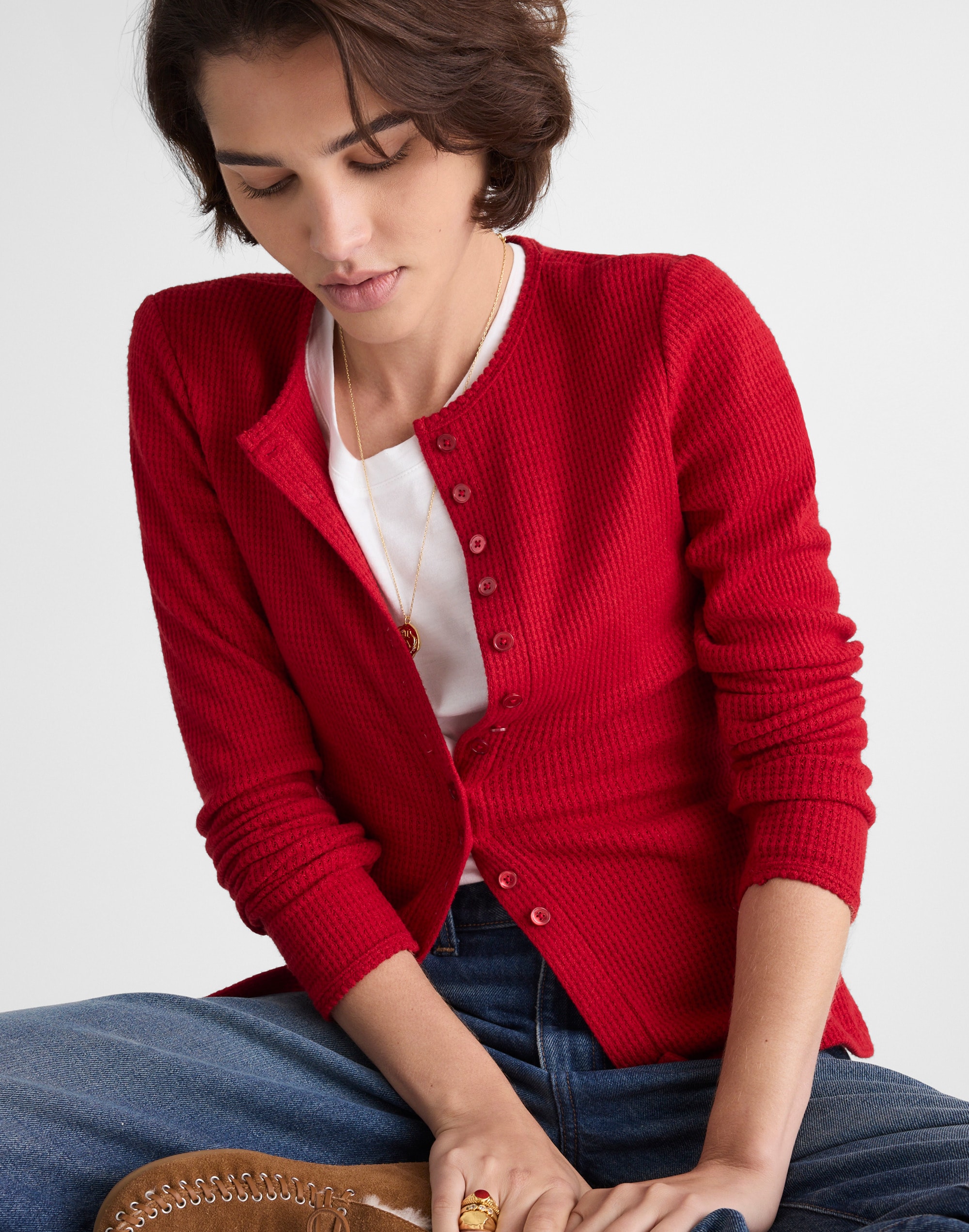 Waffle-Knit Cutaway Crewneck Cardigan