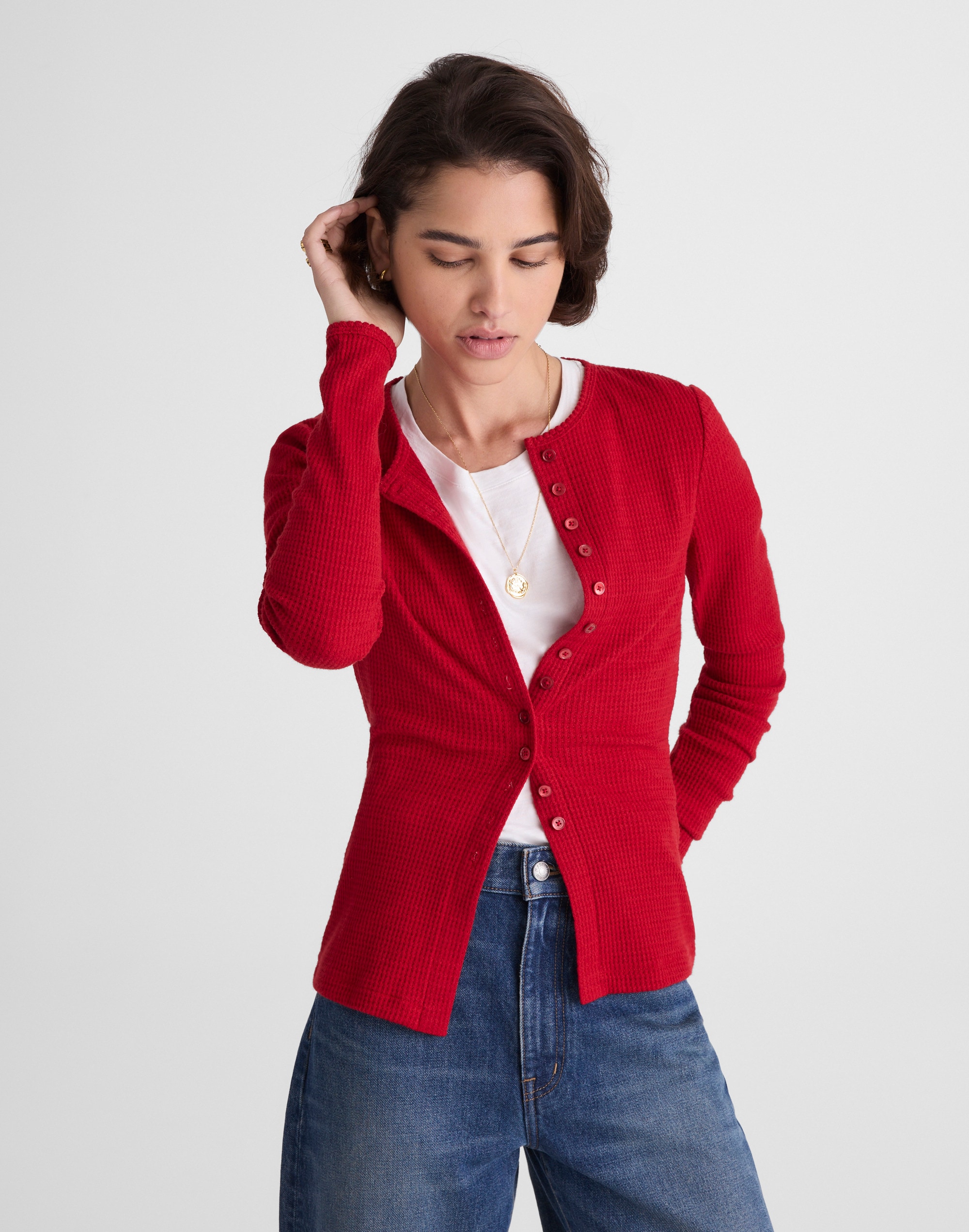 Madewell Waffle-knit Cutaway Crewneck Cardigan In Red