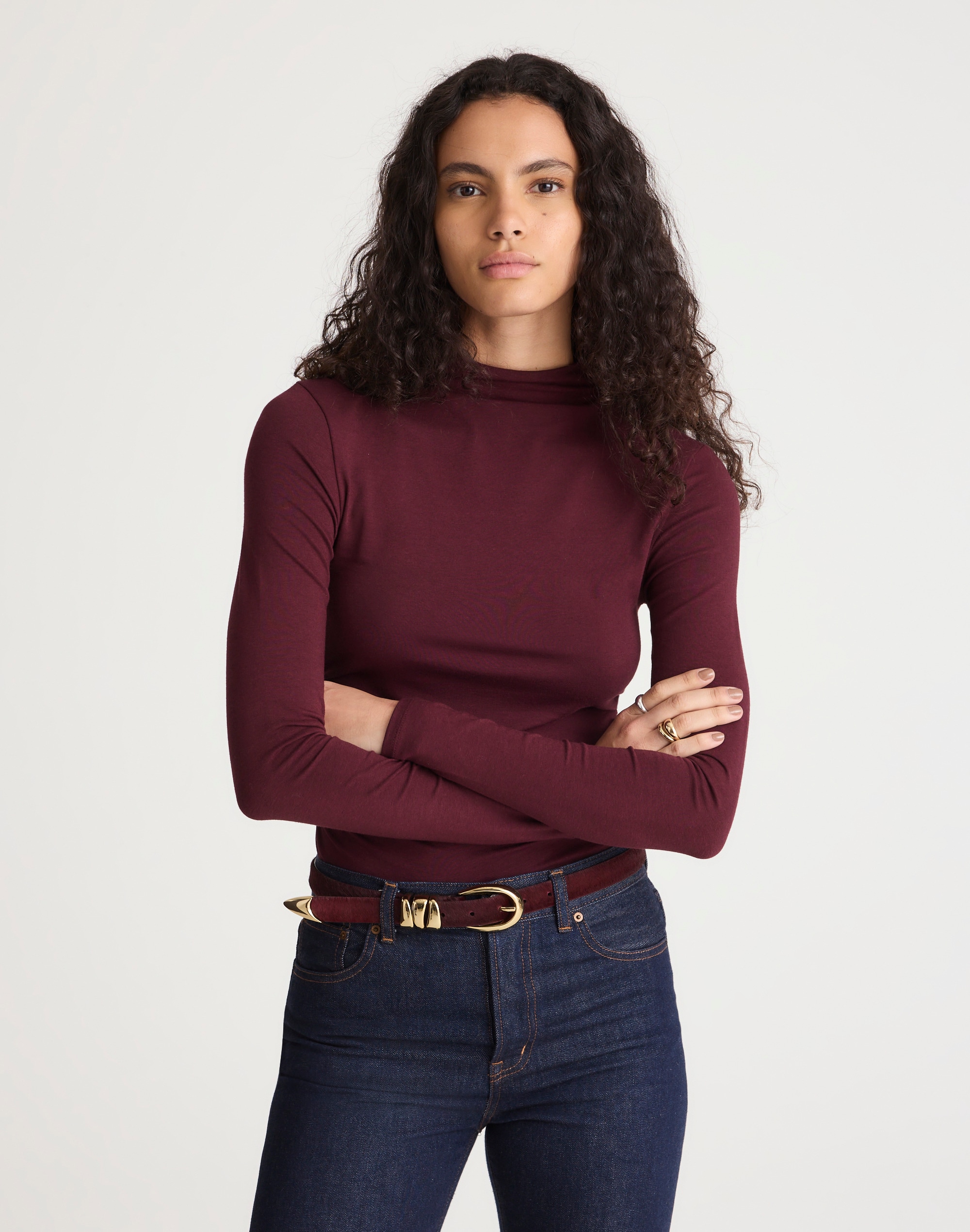 Ruched Mockneck Long-Sleeve Top