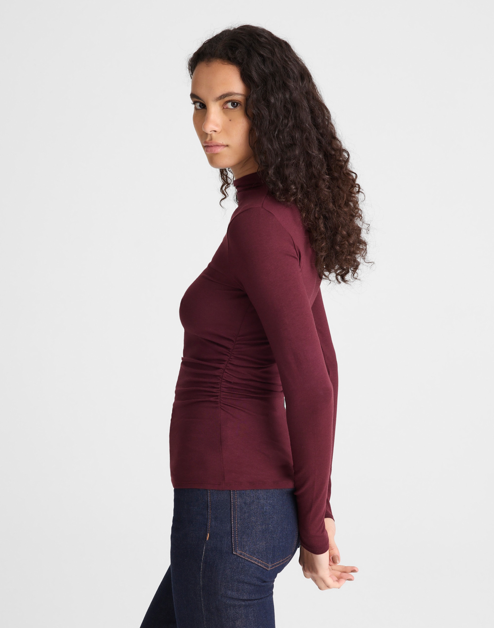 Ruched Mockneck Long-Sleeve Top